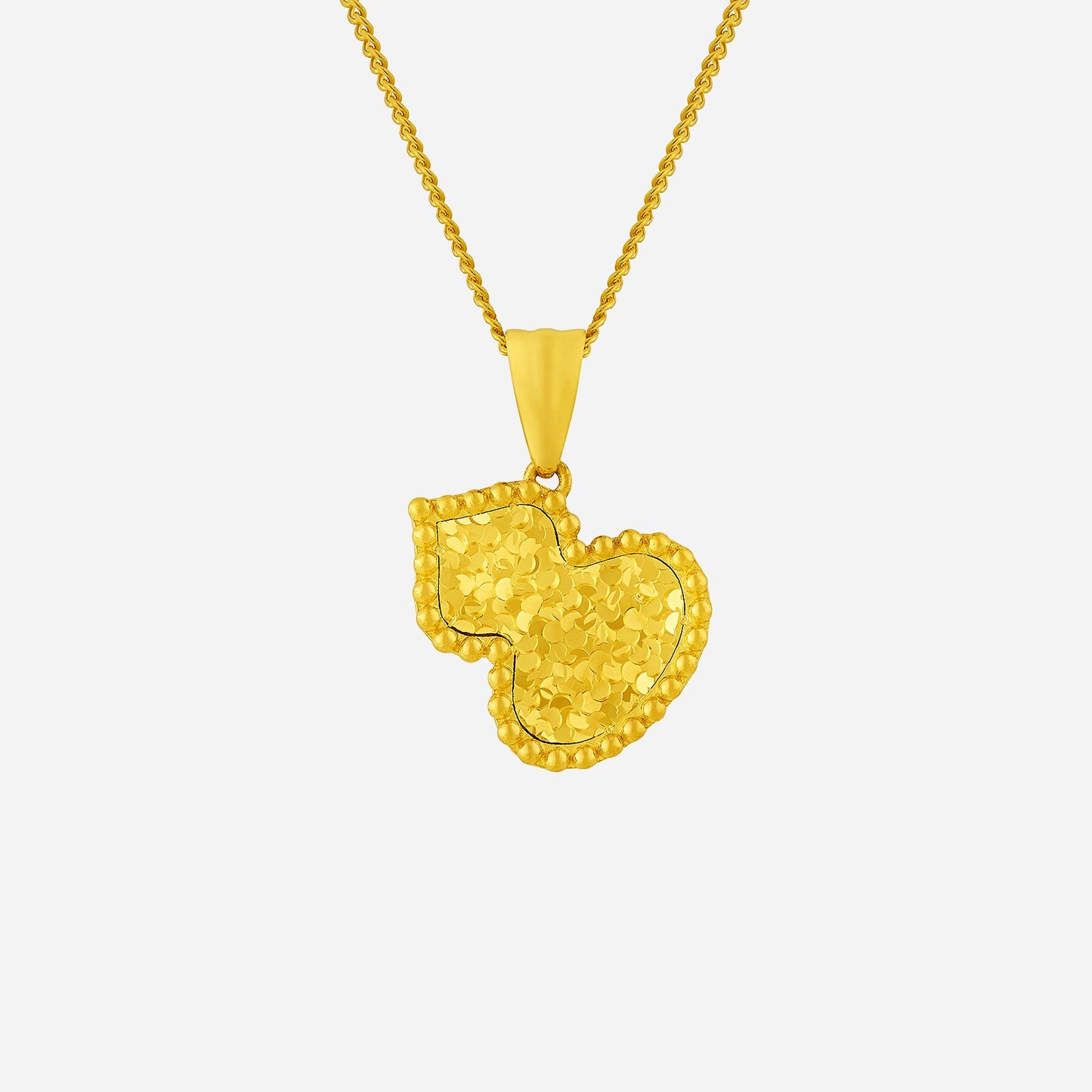 shimmering gourd pendant in 24k yellow gold with a textured surface and polished outline, perfect for elegant occasions.