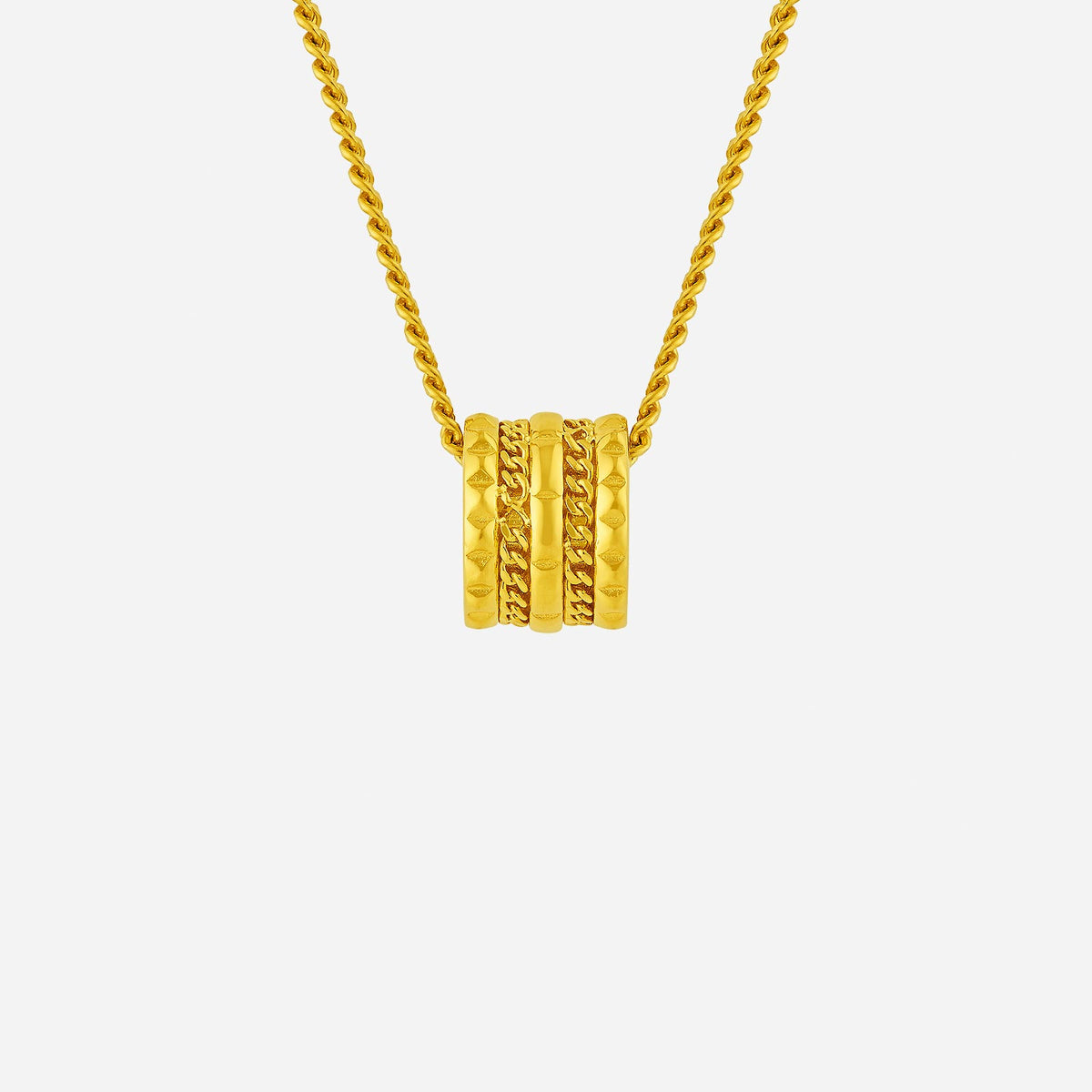 sculpted barrel pendant in 24k yellow gold with textured design, featuring three stacked rings. chain sold separately.