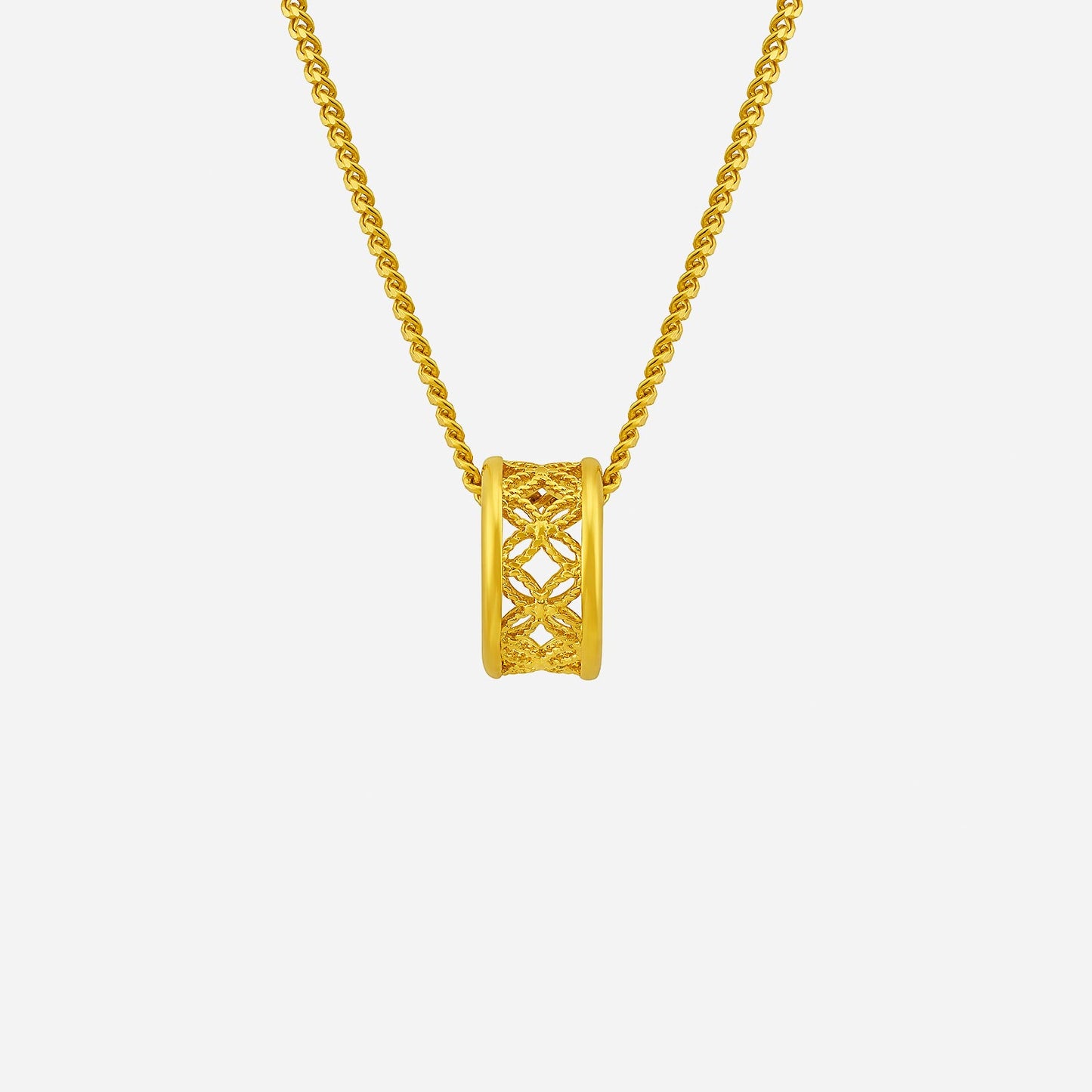 crafted cylindrical pendant in 24k yellow gold with intricate design, suspended from a gold chain.