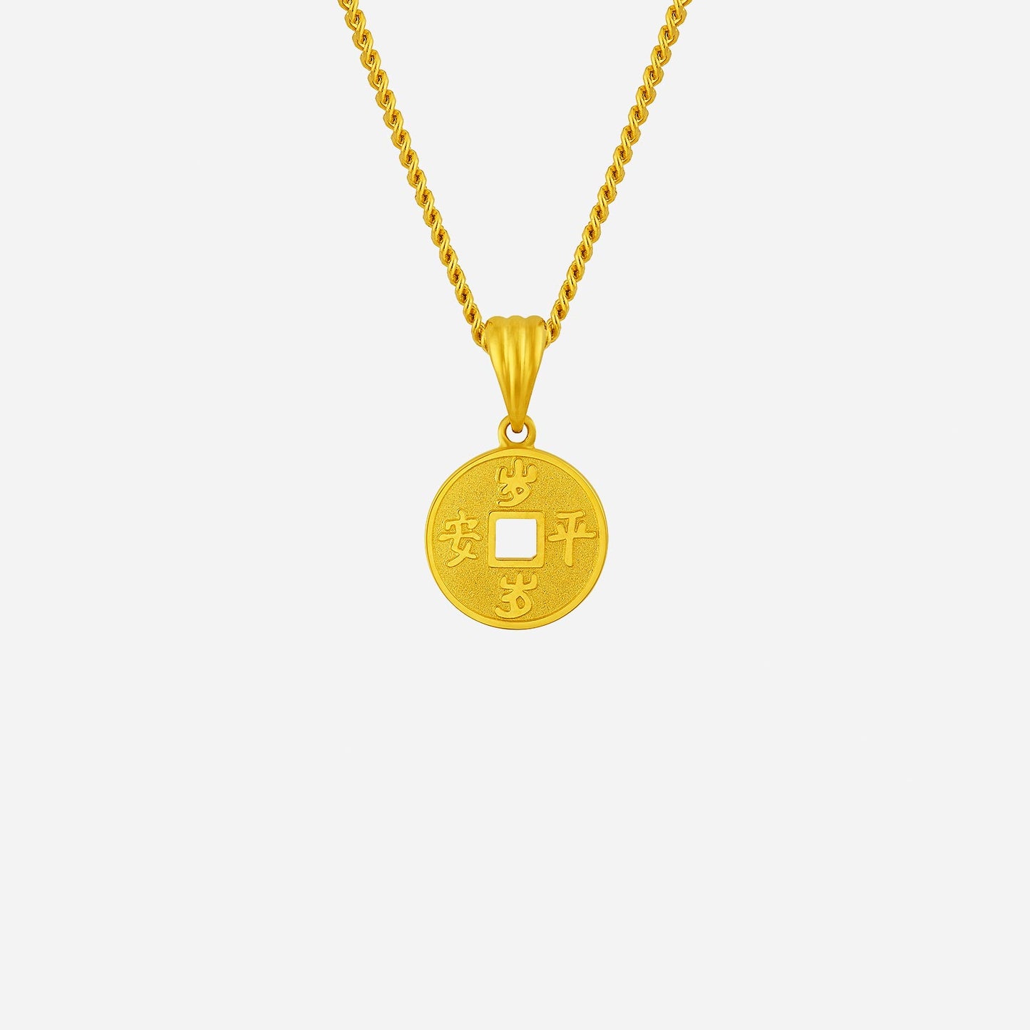 24k yellow gold eternal blessing pendant with circular design and engraved symbols, perfect for peace and protection.
