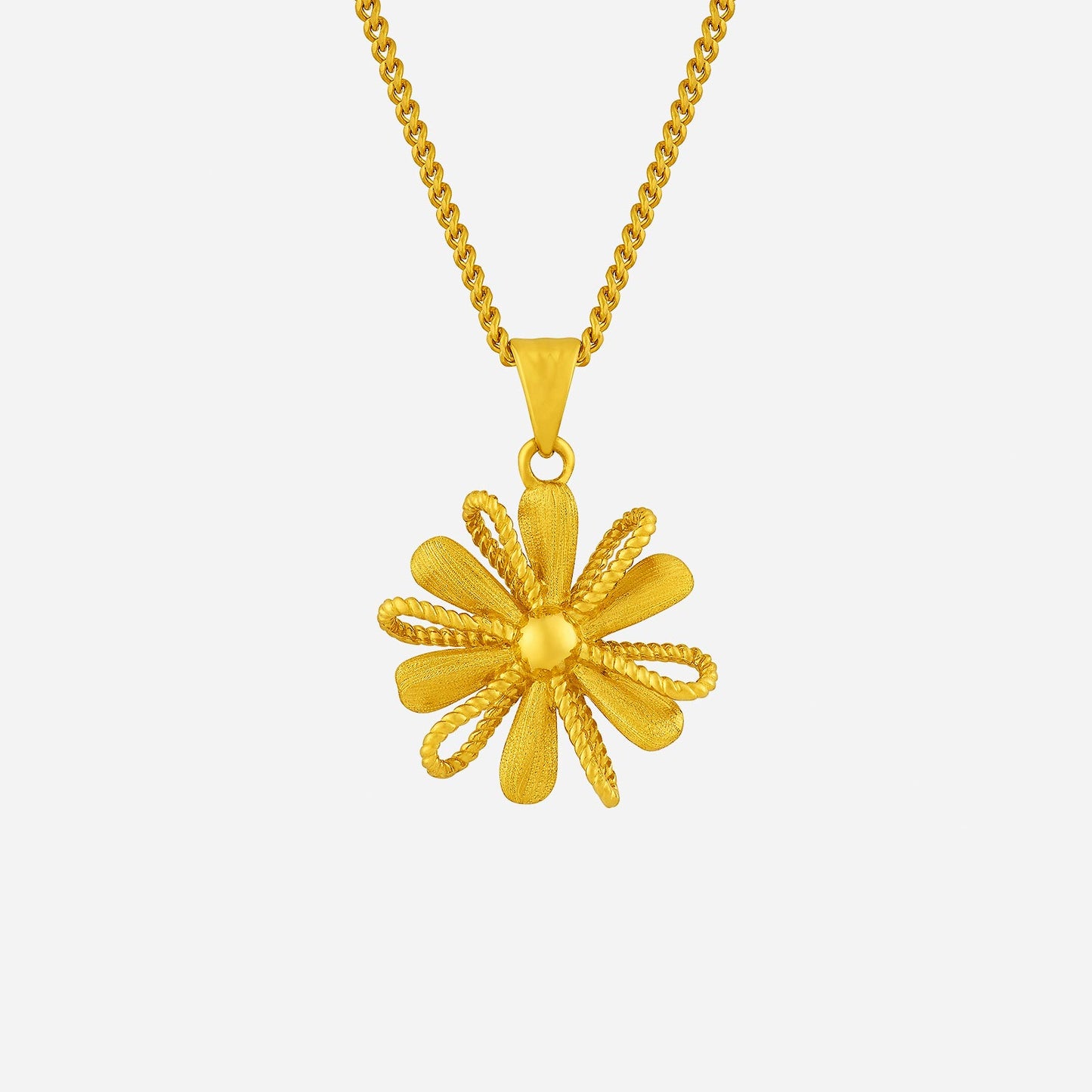 24k yellow gold flower pendant with intricate petal design, elegant centerpiece, ideal for chain pairing.