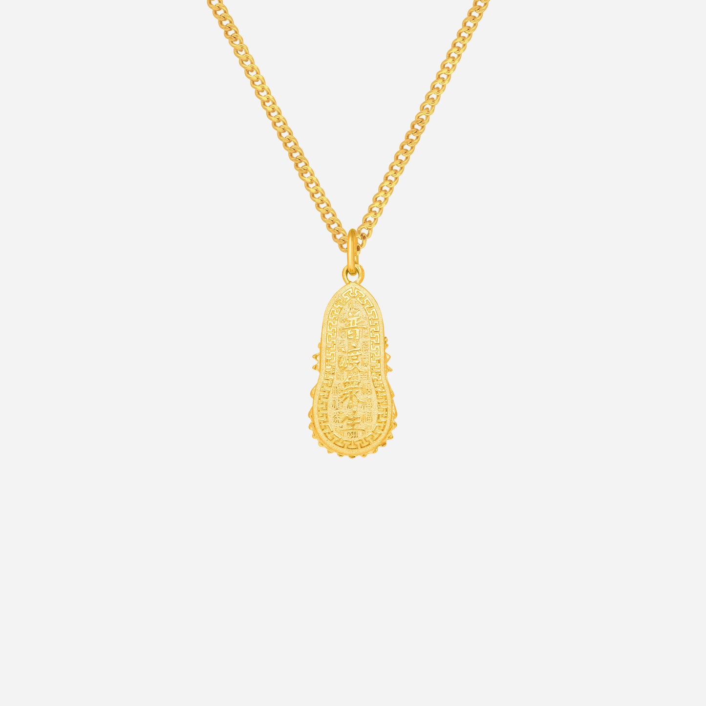 goddess of mercy pendant in 24k yellow gold, featuring intricate relief design and ornate halo details.
