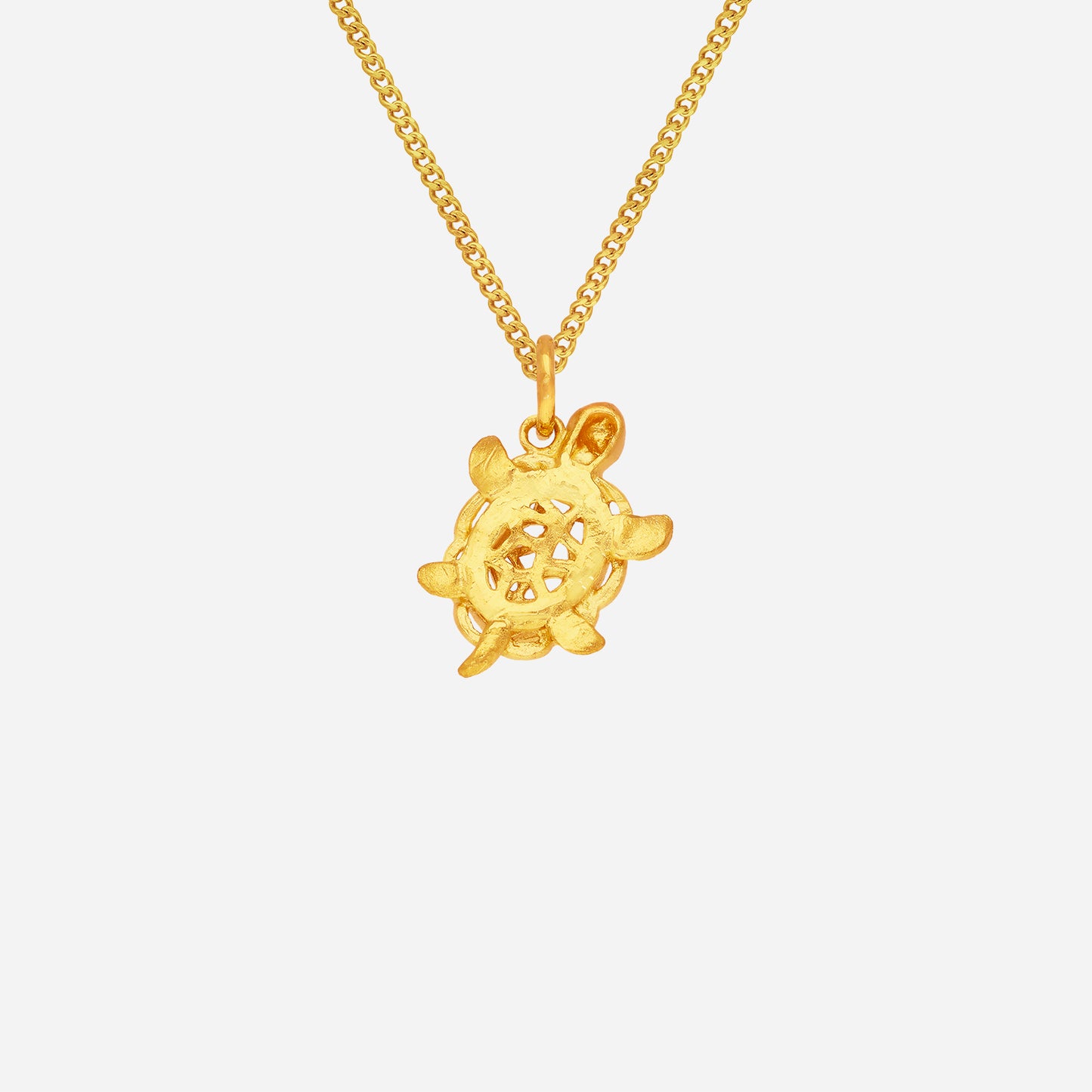 longevity pendant in 24k yellow gold, tortoise design with intricate openwork and contoured details.