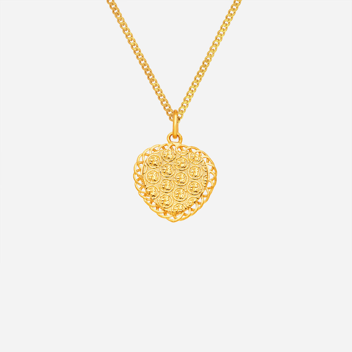 blooming heart pendant in 24k yellow gold with floral motif and lace-like openwork design. chain sold separately.