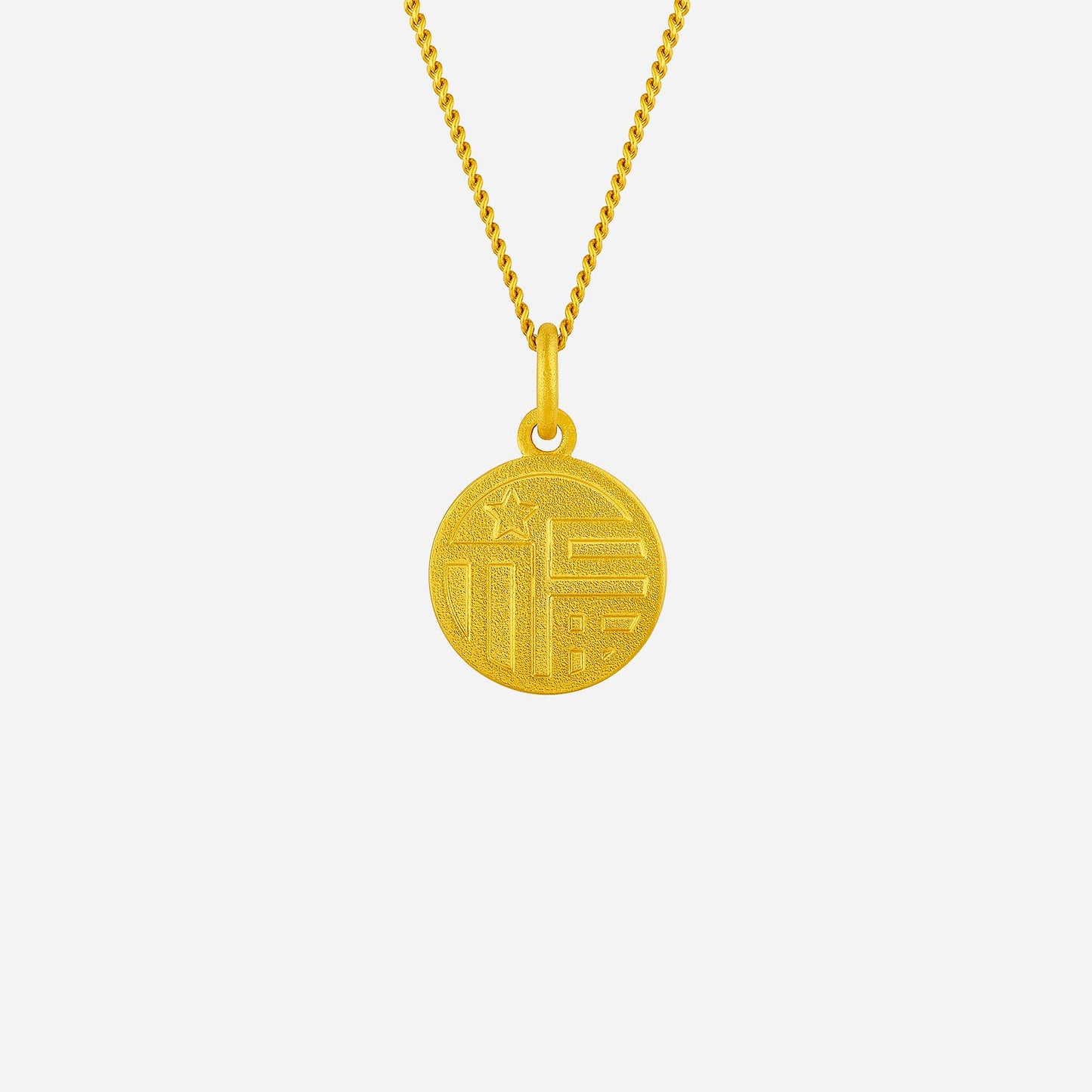 laughing buddha pendant in 24k yellow gold featuring a textured, round design with symbols representing joy and abundance.