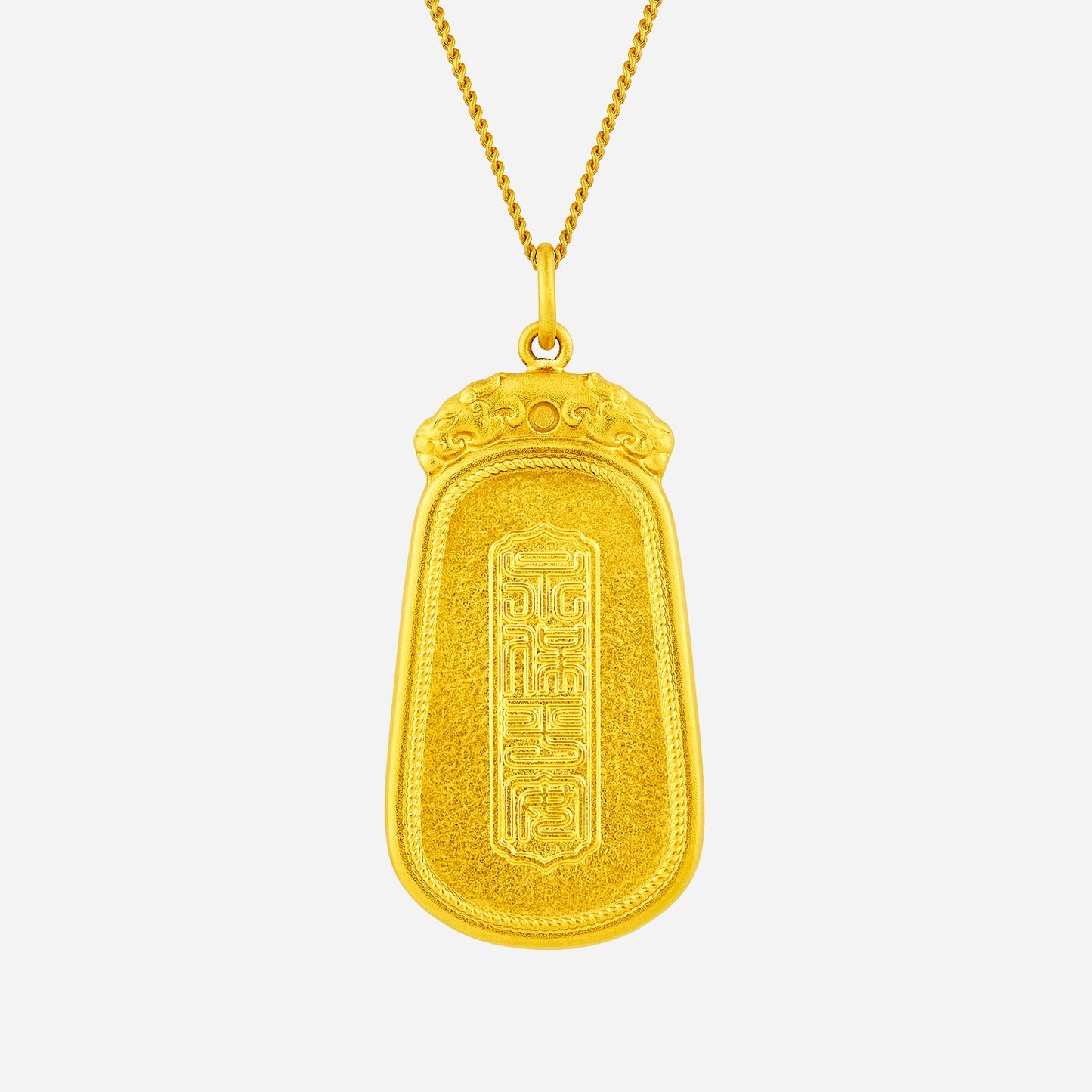 goddess of mercy pendant in 24k yellow gold with intricate chinese inscriptions and detailed design. chain sold separately.