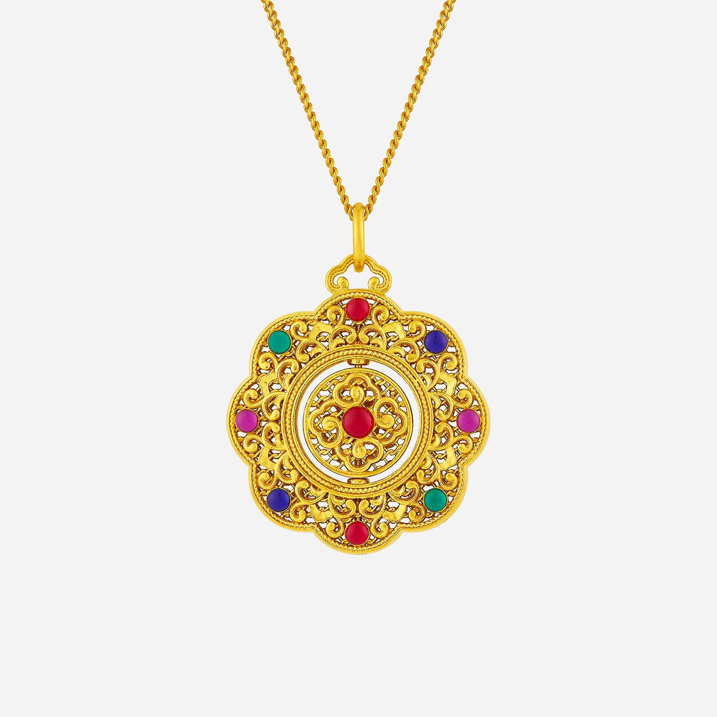 whirl fortune pendant in 24k yellow gold, floral design with vibrant red, green, and purple enamel accents.