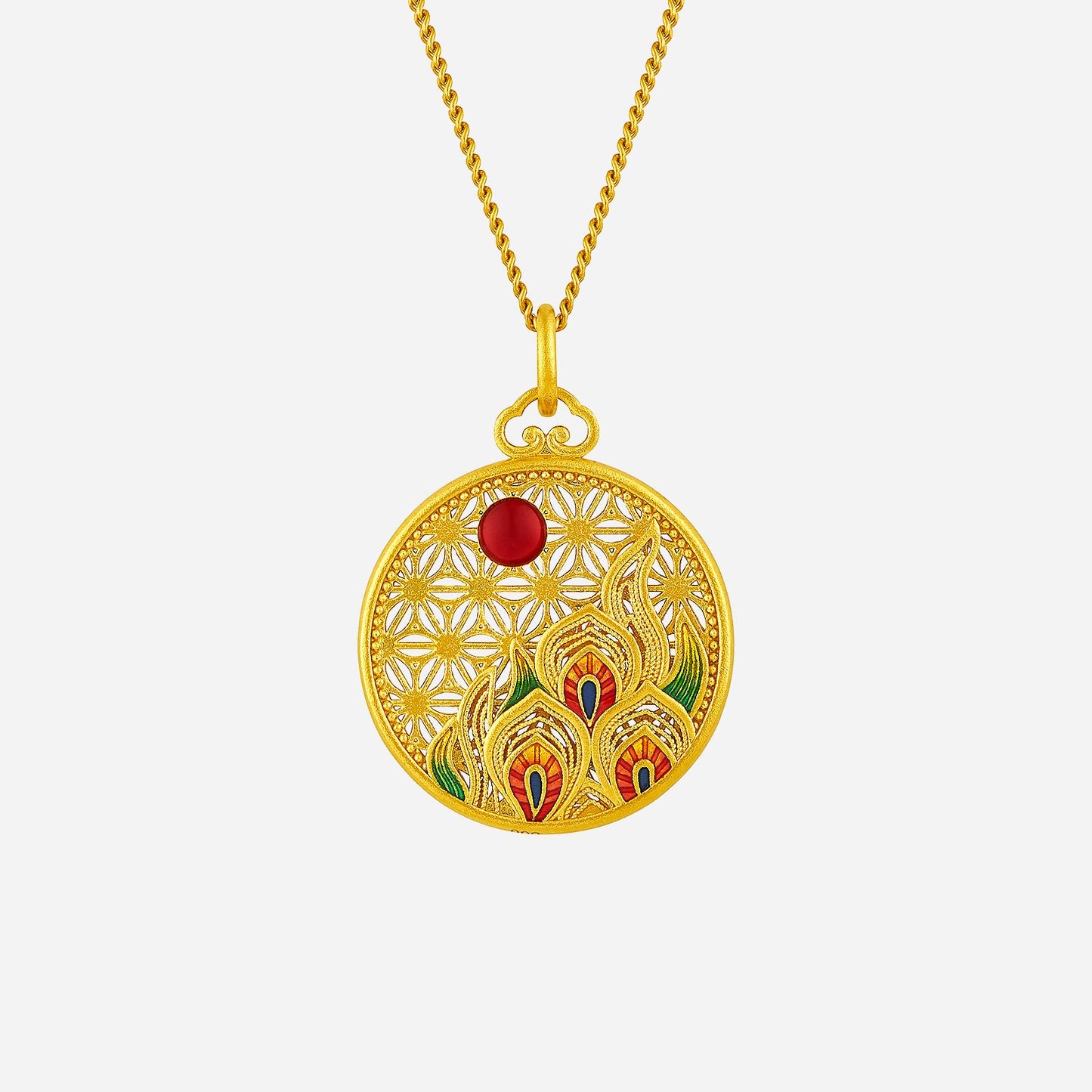 solrise pendant in 24k yellow gold with sunburst floral design and colorful enamel accents, featuring a red gemstone.