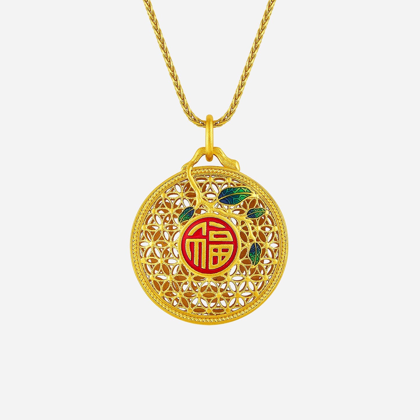 blooming grace pendant in 24k yellow gold with vibrant enamel blossoms and auspicious script design.