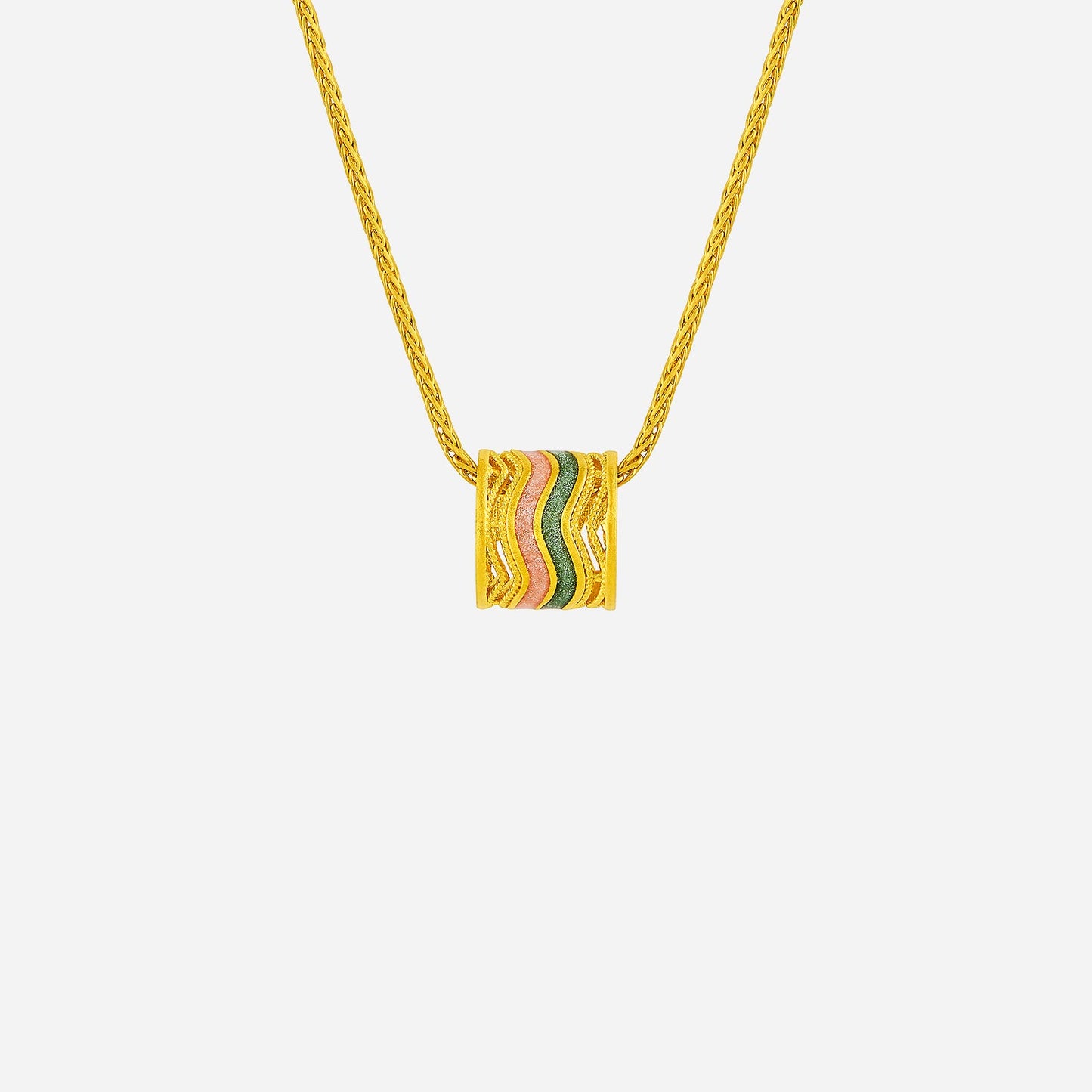 curva barrel pendant in 24k yellow gold with colorful enamel accents featuring wave-like curves for a stylish look.