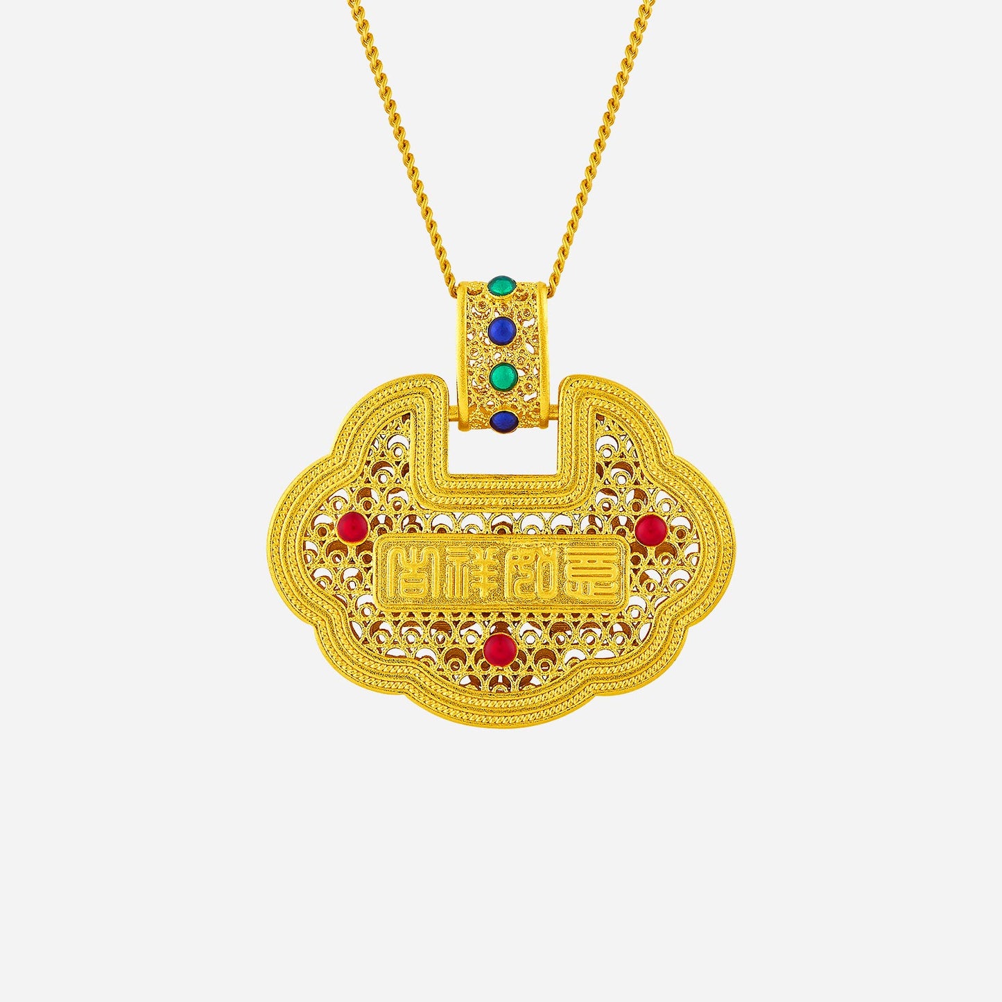 prosperity pendant in 24k yellow gold with openwork filigree, colorful enamel, and floral motif design.