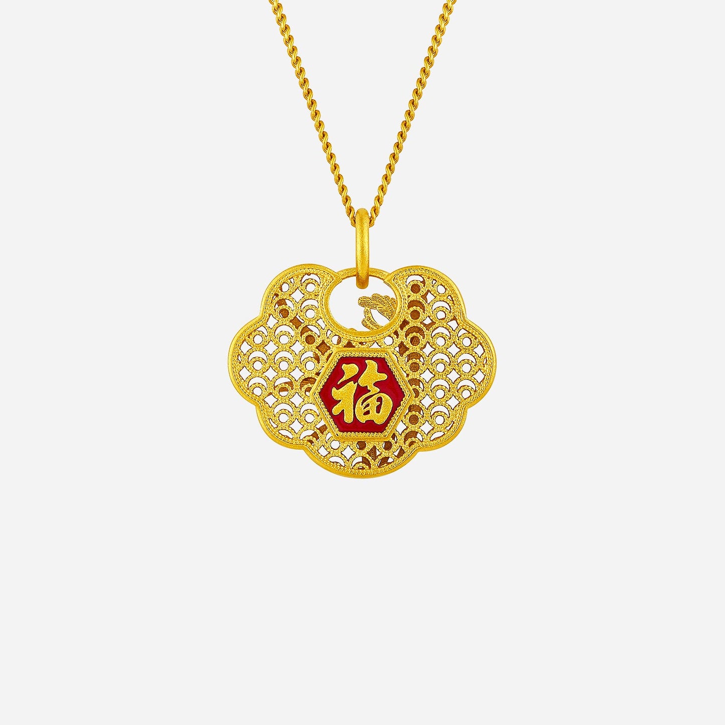 prosperity pendant in 24k yellow gold with floral bird motif and red enamel 福 character, symbolizing abundance.