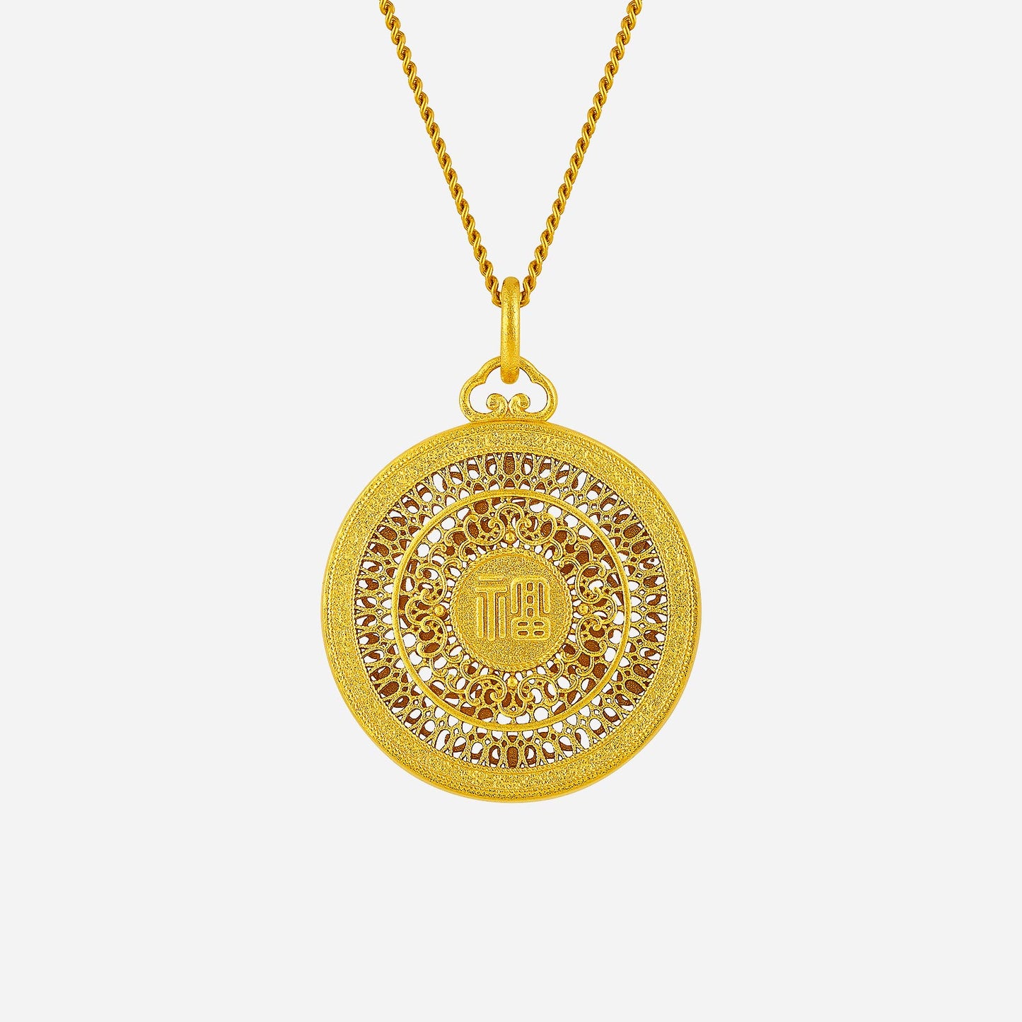 eternal prosperity pendant in 24k yellow gold with intricate filigree patterns and auspicious symbols.