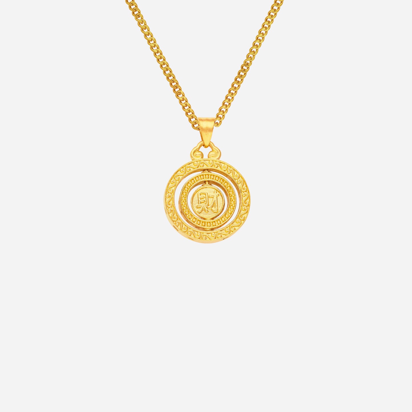 spinning fortune pendant in 24k yellow gold with intricate double-sided design symbolizing wealth and prosperity.