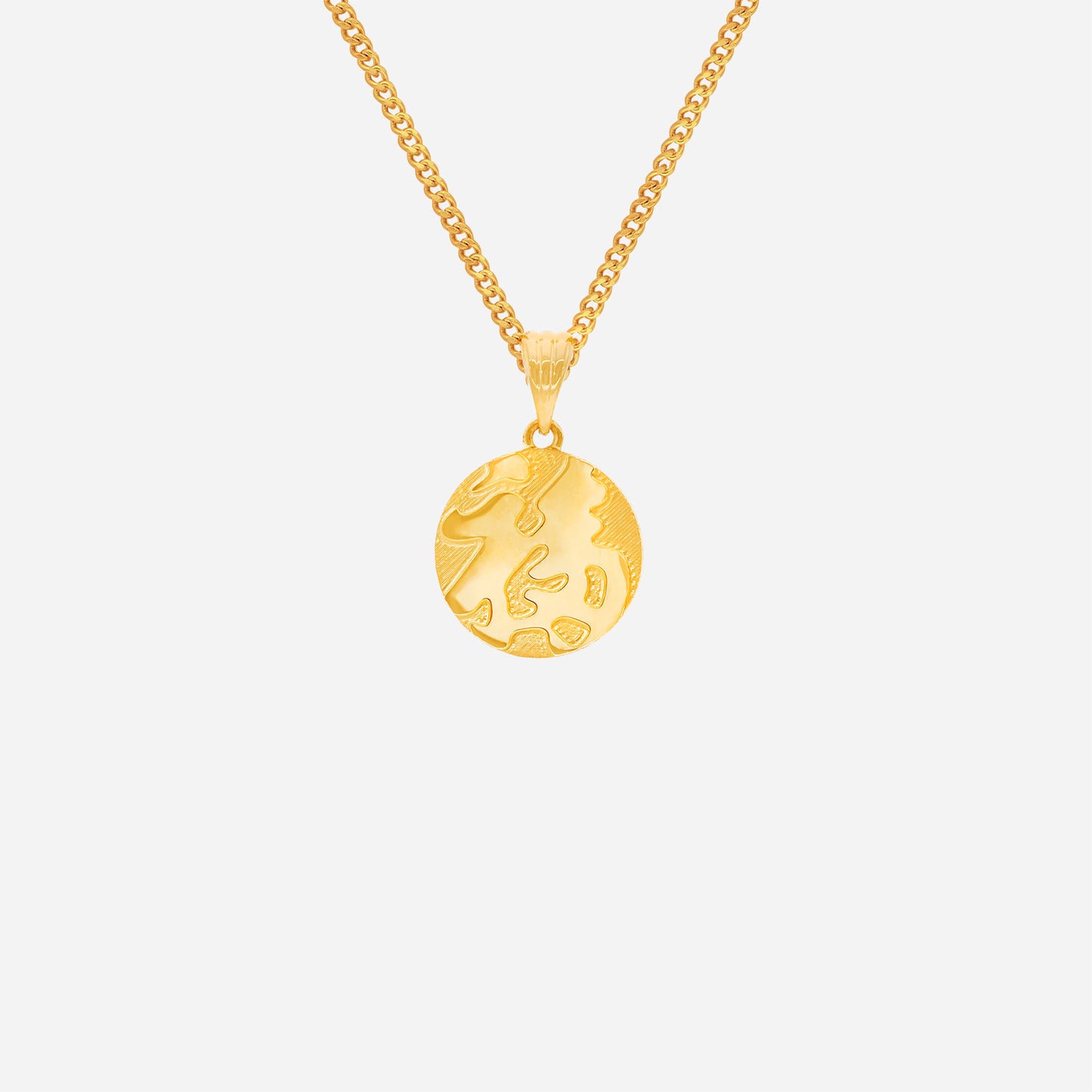 prosperity pendant in 24k yellow gold, round silhouette with textured faceted detailing and auspicious motif.