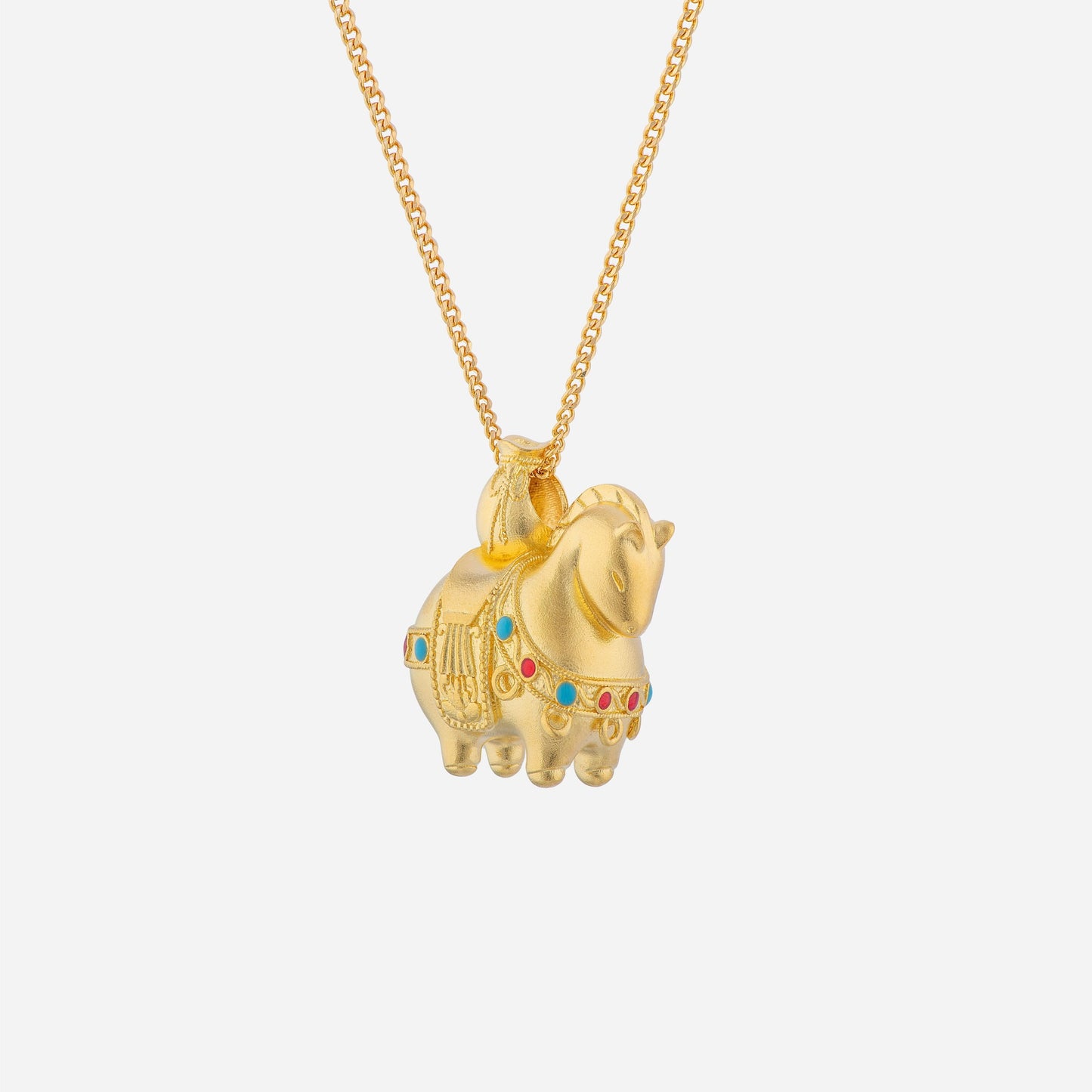 horse pendant in 24k yellow gold with colorful enamel accents, featuring a sculpted lively horse design.