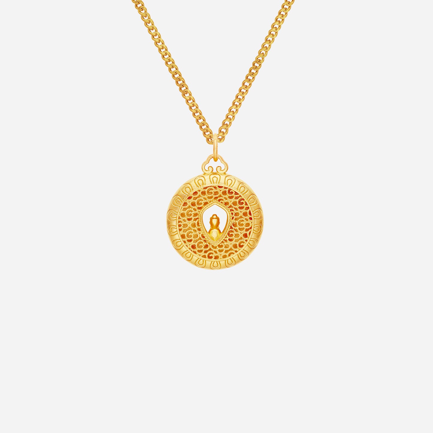 24k yellow gold buddha pendant with intricate textured detailing, radiating calm for everyday peace and grace.