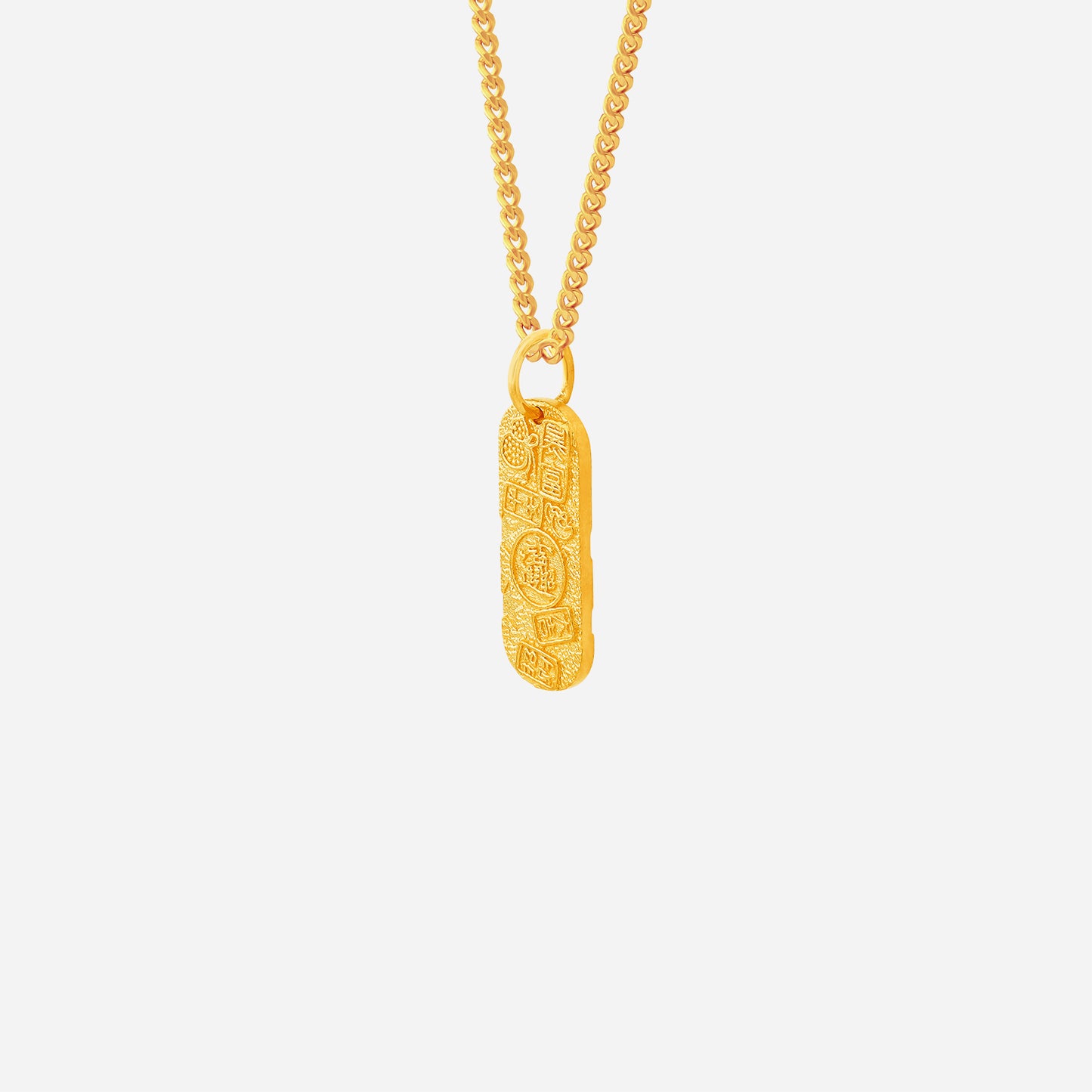 fortune wealth pendant in 24k yellow gold with intricate engravings and satin finish for luck and prosperity.