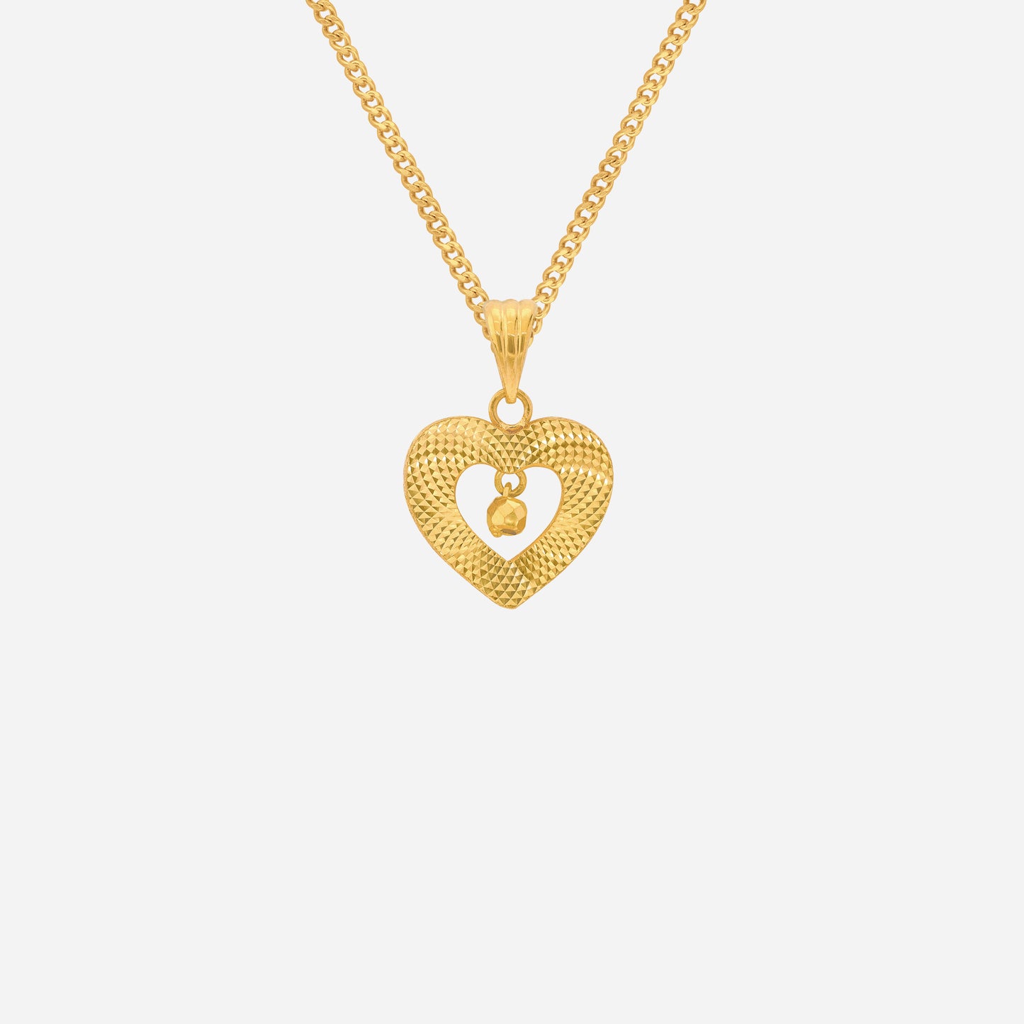 heart pendant in 24k yellow gold featuring a suspended gold bead within an openwork heart design.