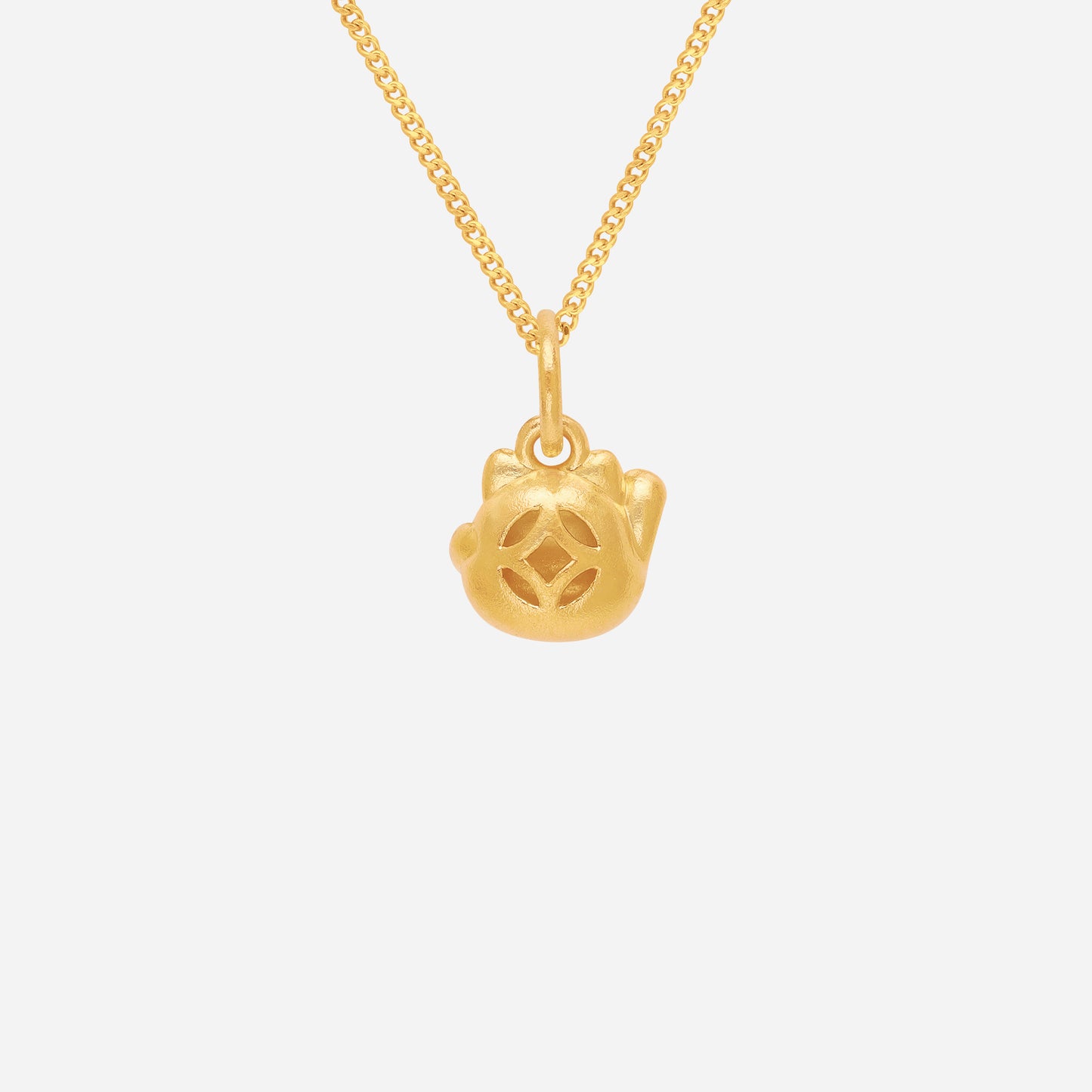 fortune cat pendant in 24k yellow gold with engraved details and soft contours, symbolizing wealth and luck.