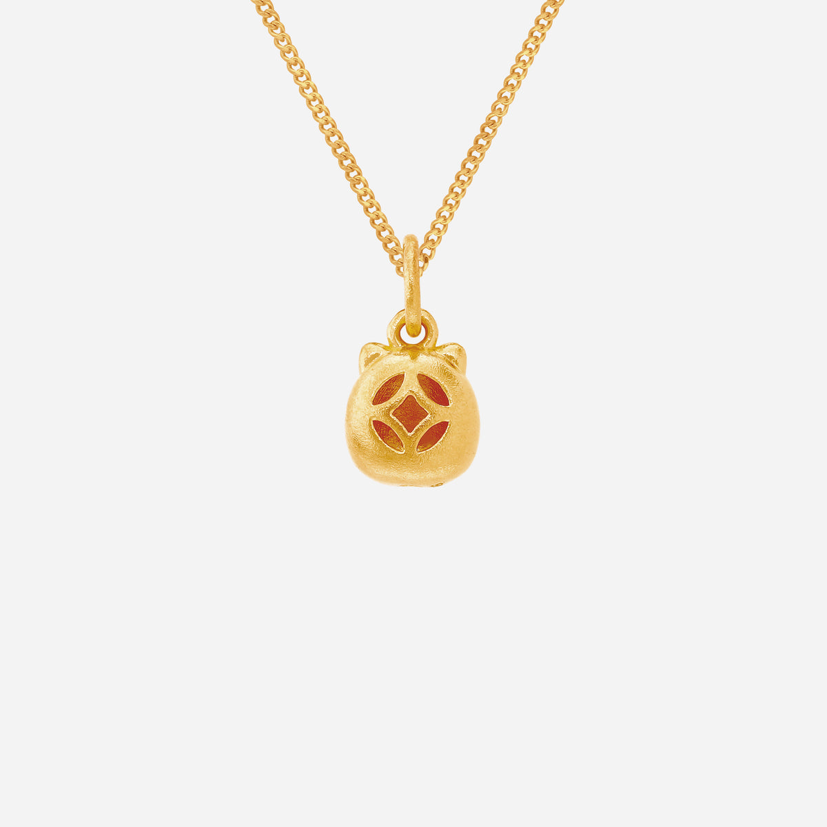 fortune cat pendant in 24k yellow gold with detailed design, symbolizing wealth and luck, ready for a chain.