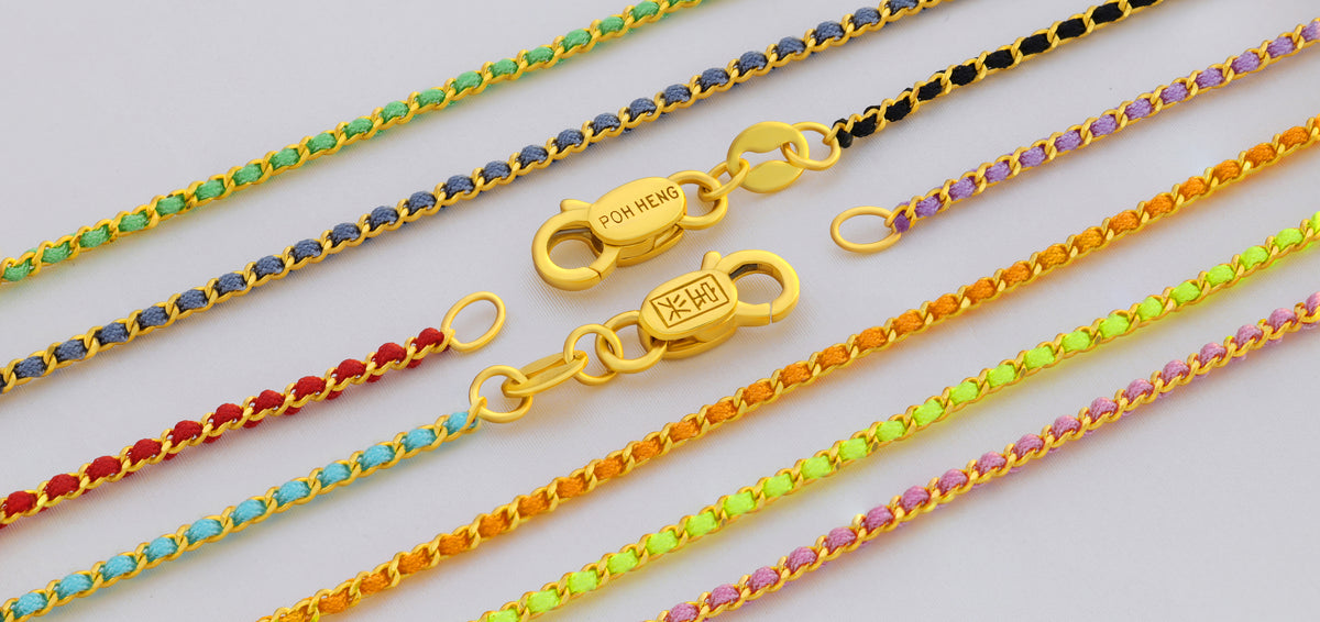 colorful woven chains with yellow gold links, featuring green, blue, red, and purple tones, suitable for pendants.
