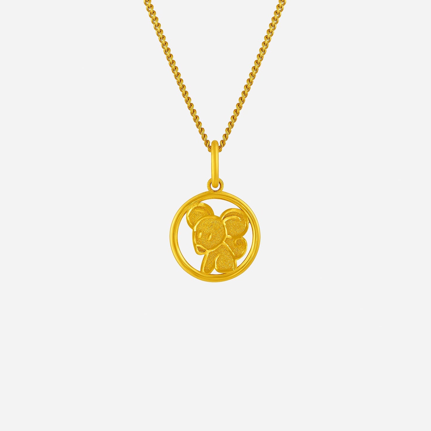 harmonies of joy rat pendant in 24k yellow gold, featuring a playful rat design within a circular frame.