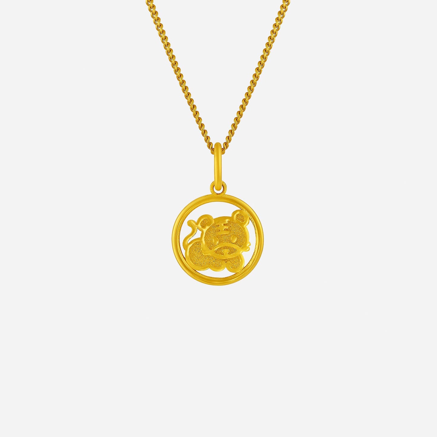 tiger pendant in 24k yellow gold, featuring intricate design within a circular frame, perfect for celebratory keepsakes.