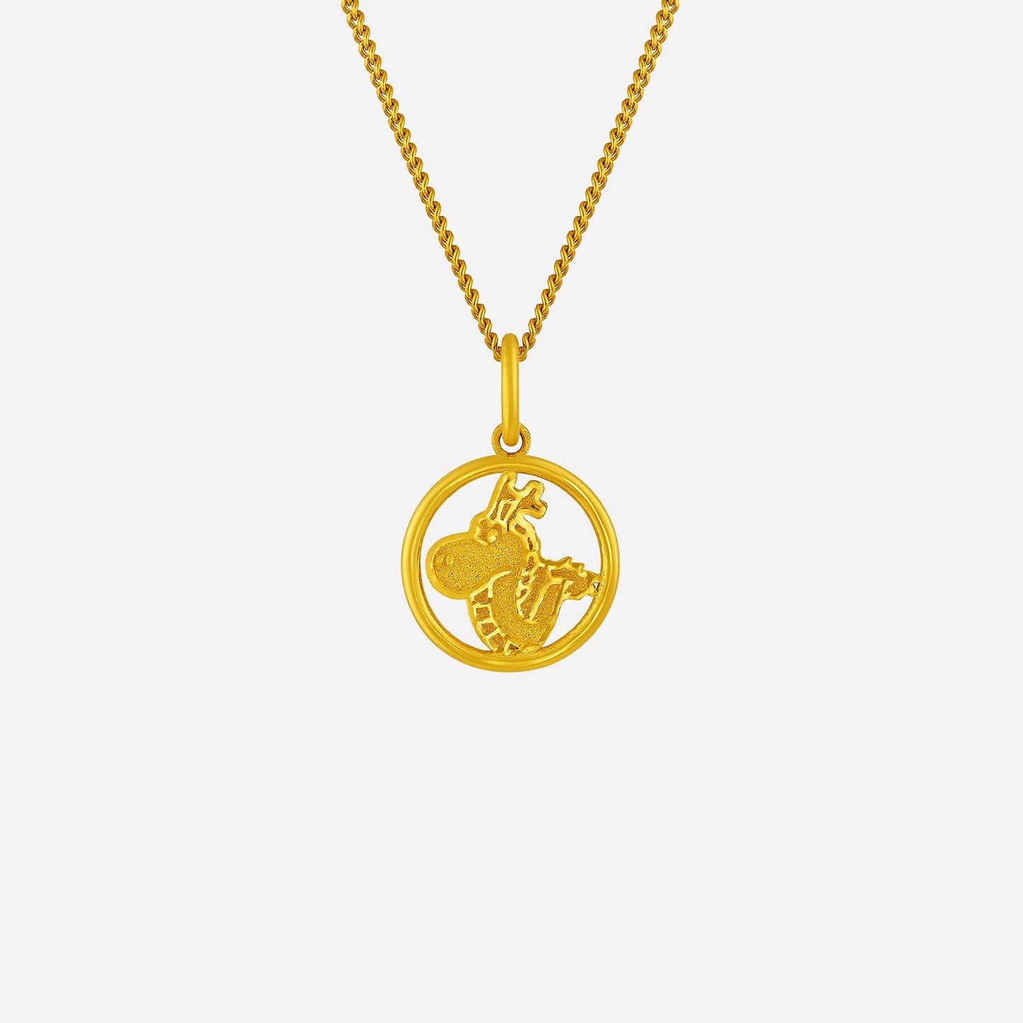 harmonies of joy dragon pendant in 24k yellow gold, featuring intricate dragon design within a circular frame.