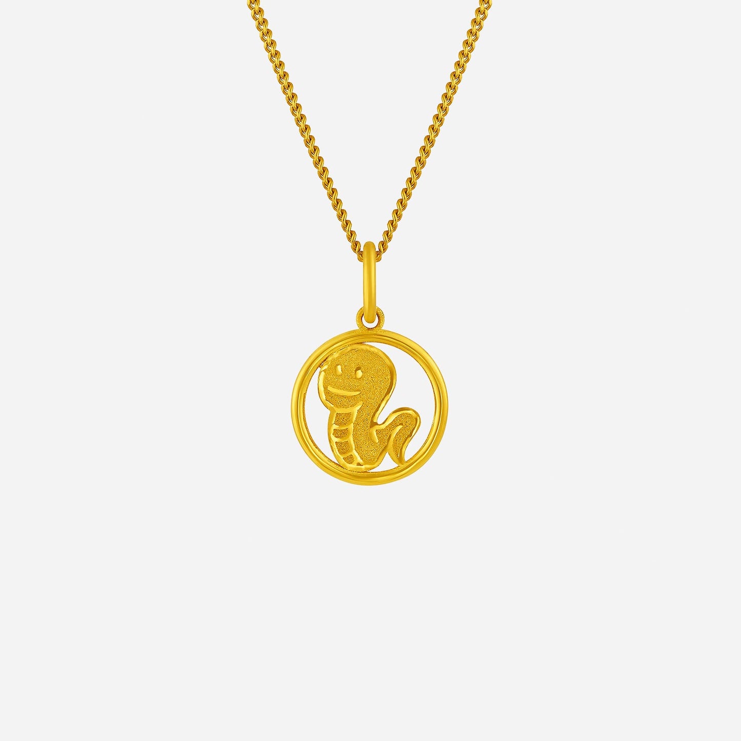 harmonies of joy snake pendant in 24k yellow gold, featuring a playful snake design within a circular frame.