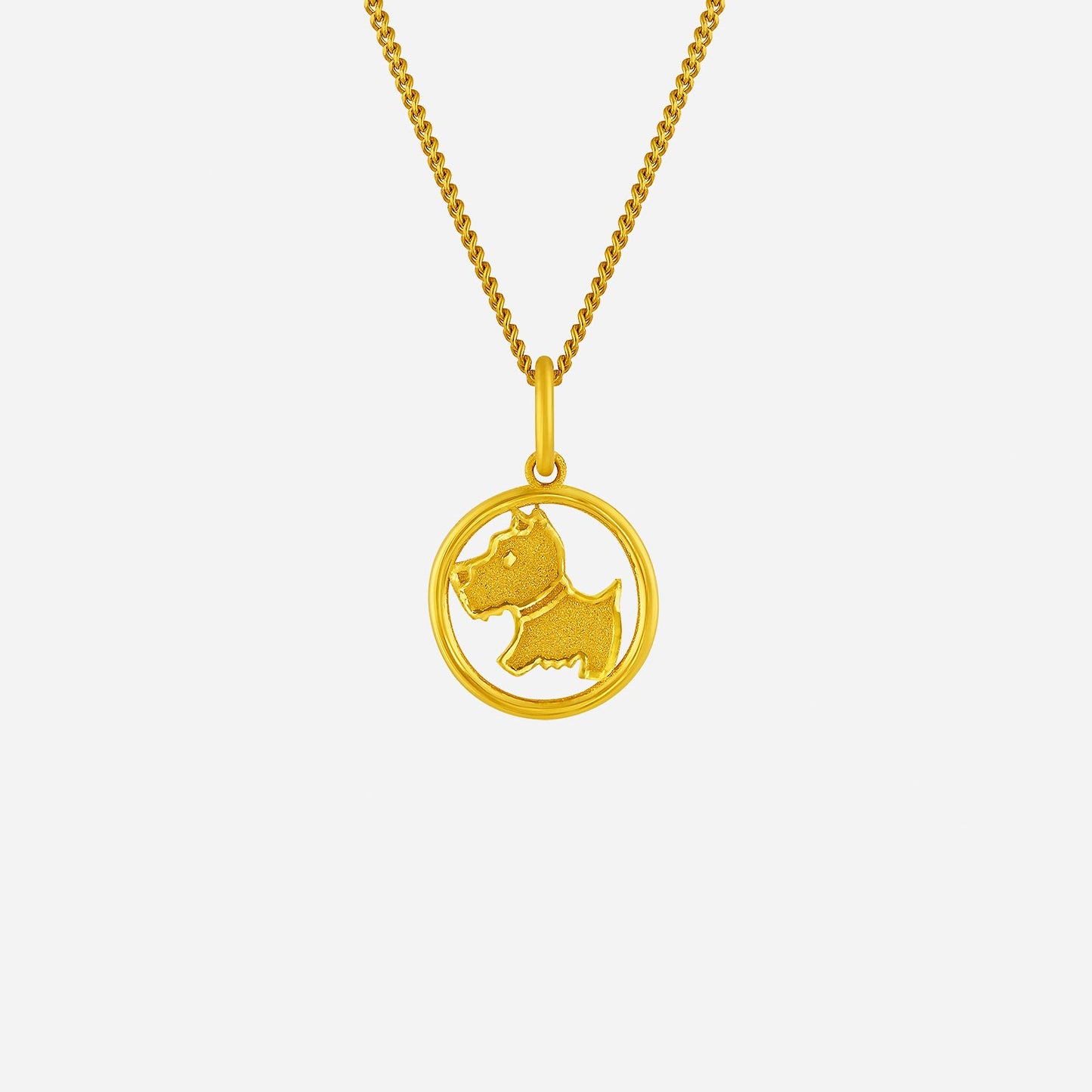 harmonies of joy dog pendant in 24k yellow gold, featuring a dog silhouette in a circular design. perfect gift for dog lovers.