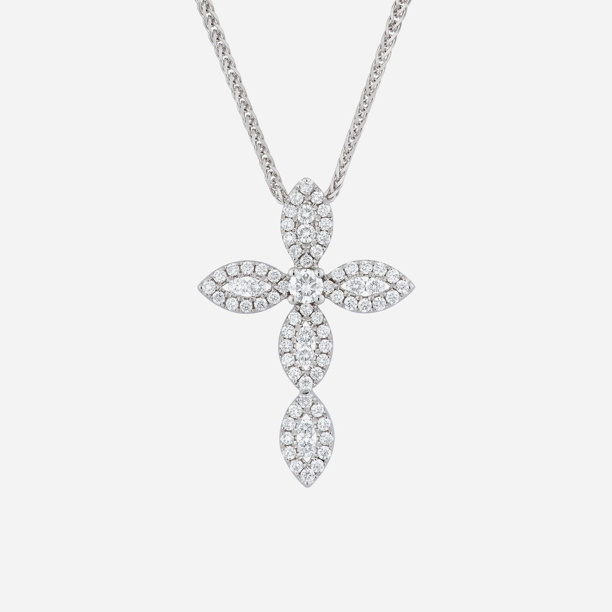 cross diamond pendant in 18k white gold, featuring a dazzling cross shape and multiple sparkling diamonds.