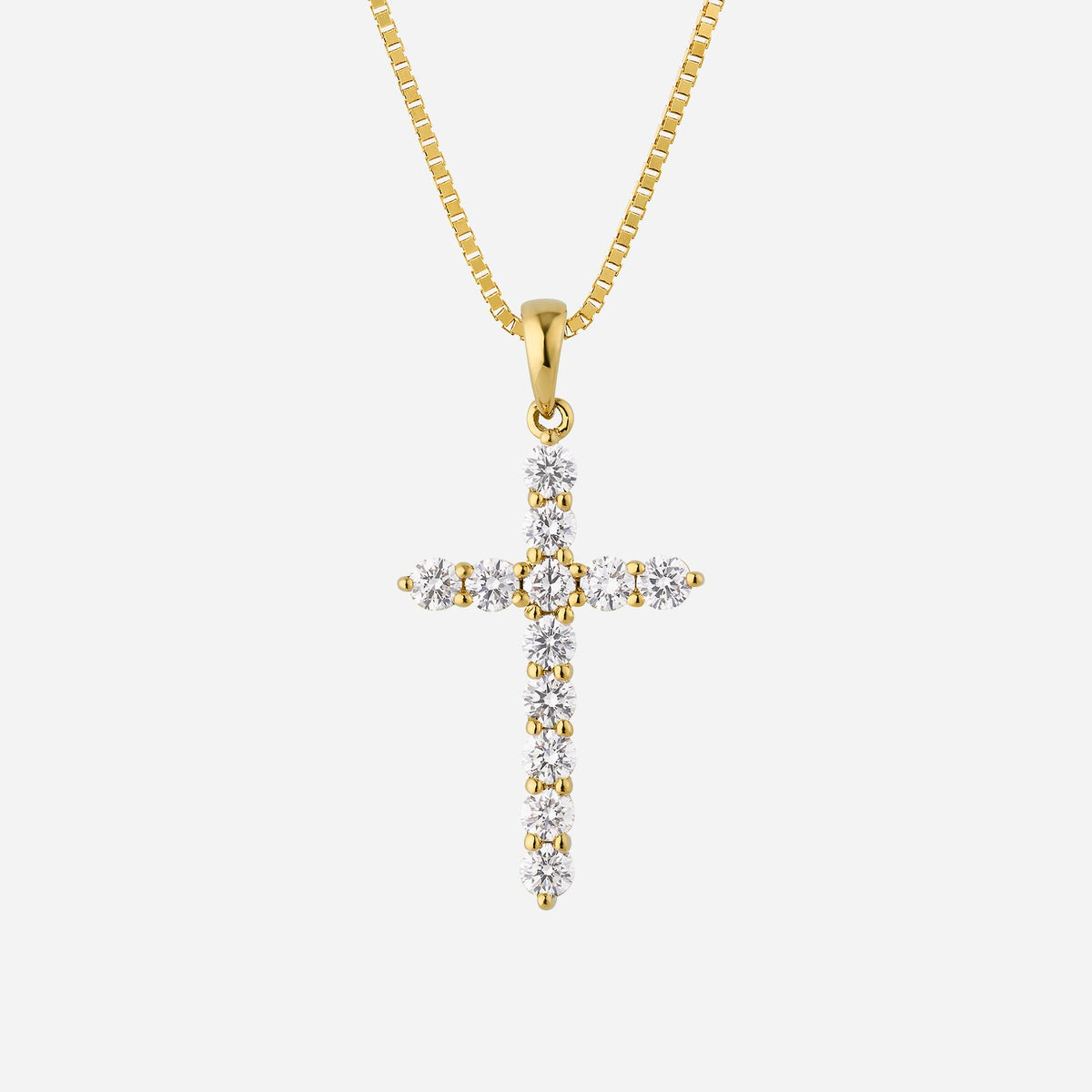 cross diamond pendant in 18k yellow gold, featuring radiant diamonds in a contemporary cross design.
