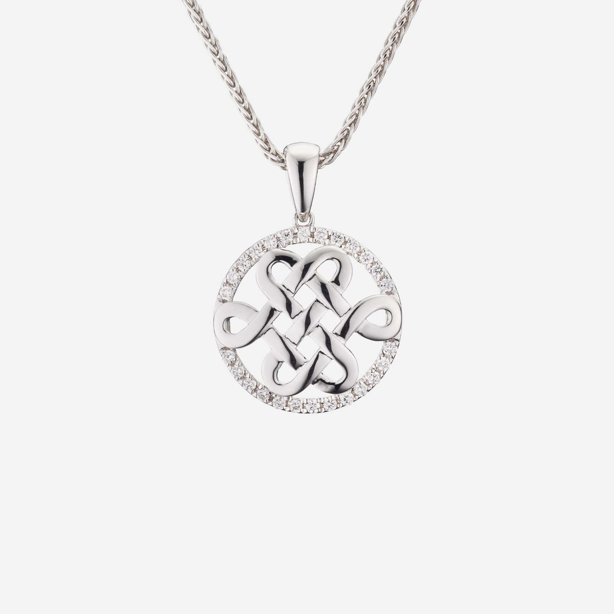 eternity knot diamond pendant in 18k white gold with a circle of sparkling diamonds. elegant and timeless design.
