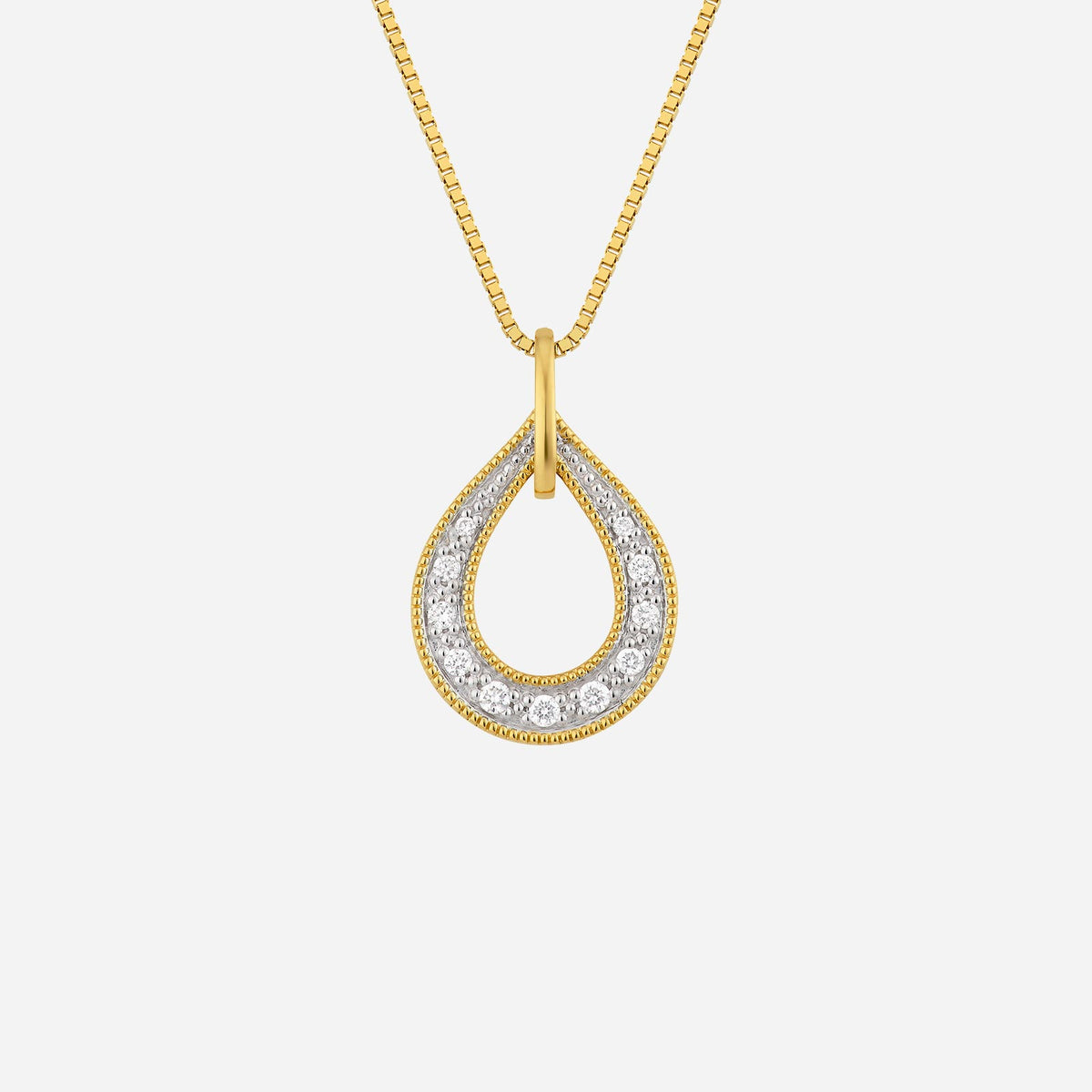 teardrop pendant in 18k yellow gold featuring a diamond-studded outer rim for a luxurious look.