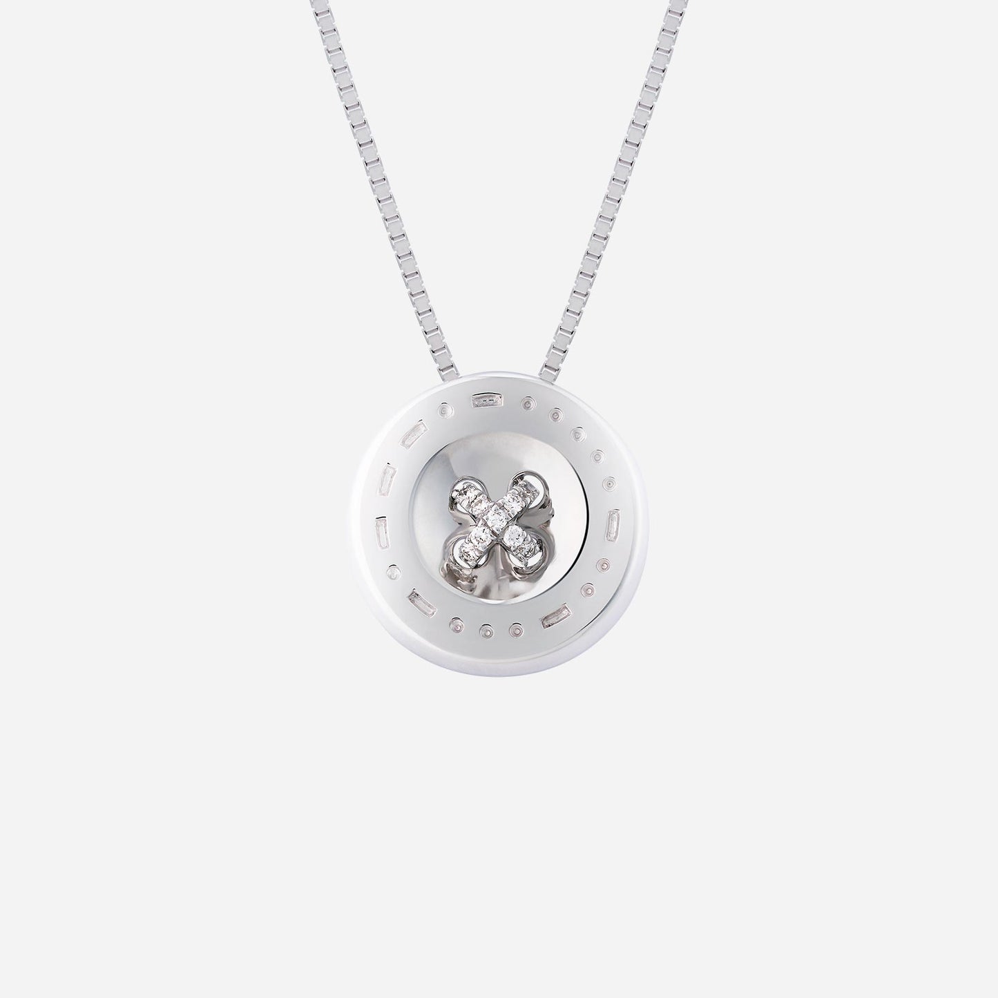 18k white gold button pendant featuring diamond accents and intricate morse code design spelling 'forever.'