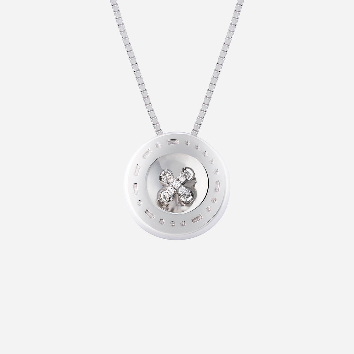18k white gold button pendant with diamond accents in a unique design featuring morse code detailing.