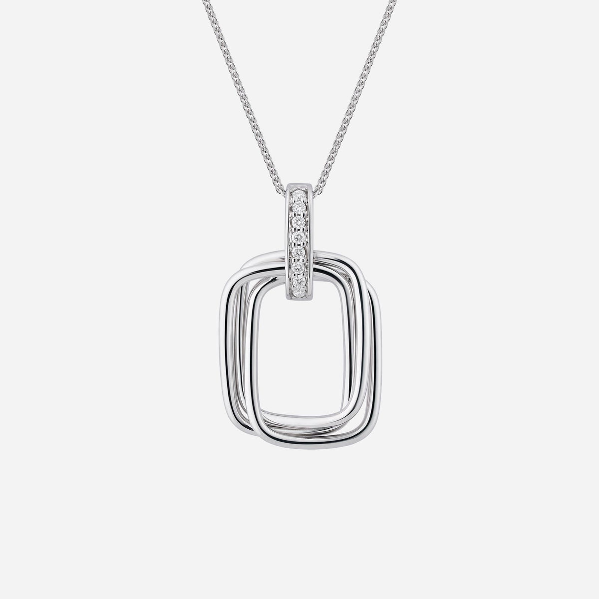 elegant 18k white gold diamond pendant with intertwining loops and a sparkling diamond accent.