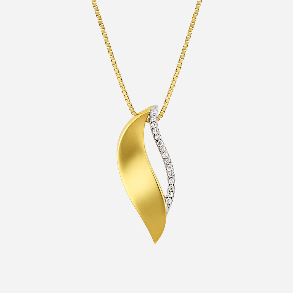 gleaming petal pendant in 18k yellow and white gold with diamond accents, featuring a flowing, elegant design.