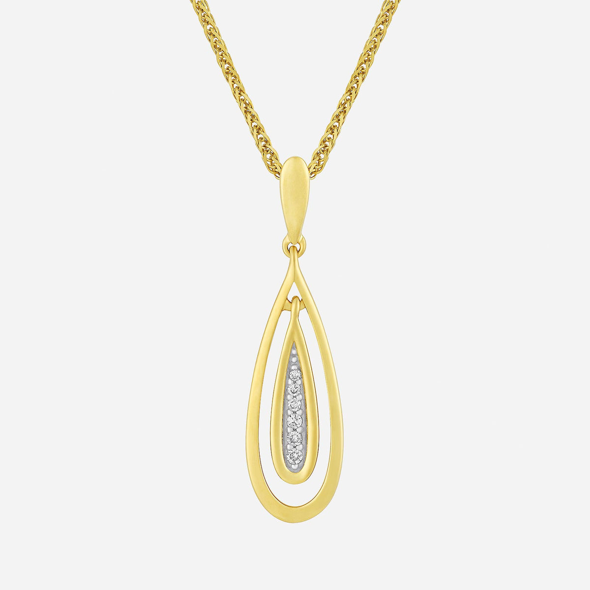 dewdrop diamond pendant in 18k yellow gold featuring a sleek teardrop design with sparkling white diamonds.