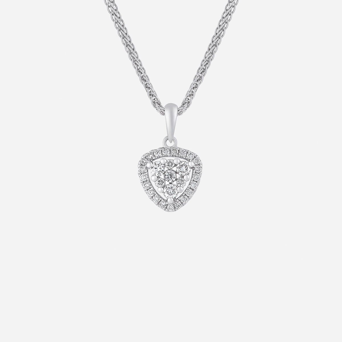 trilliant diamond pendant in 18k white gold with a sparkling halo design and intricate detailing.