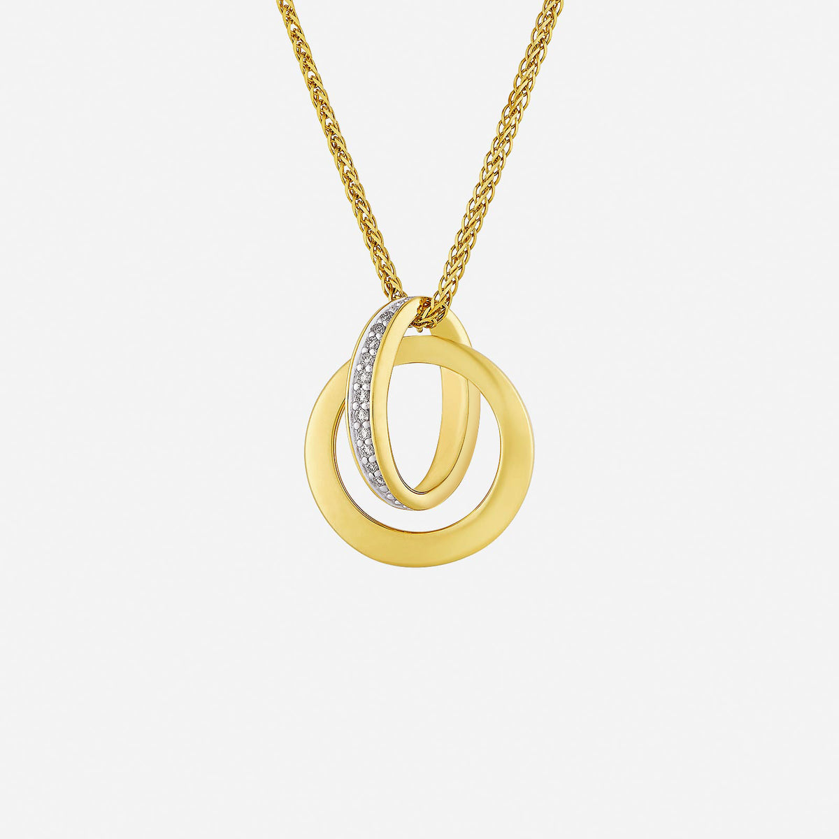 duo hoop diamond pendant in 18k yellow and white gold with pavé-set diamonds, showcasing intertwined golden hoops.