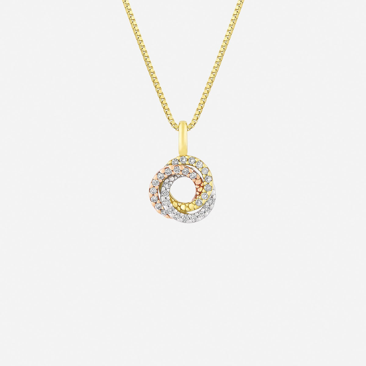trio hoop pendant in 18k yellow, rose, and white gold, pavé-set with diamonds in a swirling design.