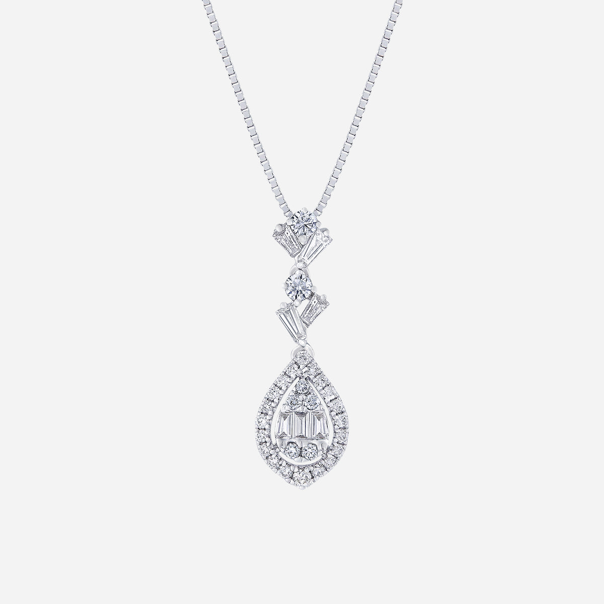 pear-shaped diamond pendant in 18k white gold with halo, baguette and brilliant-cut accents for elegant shine.