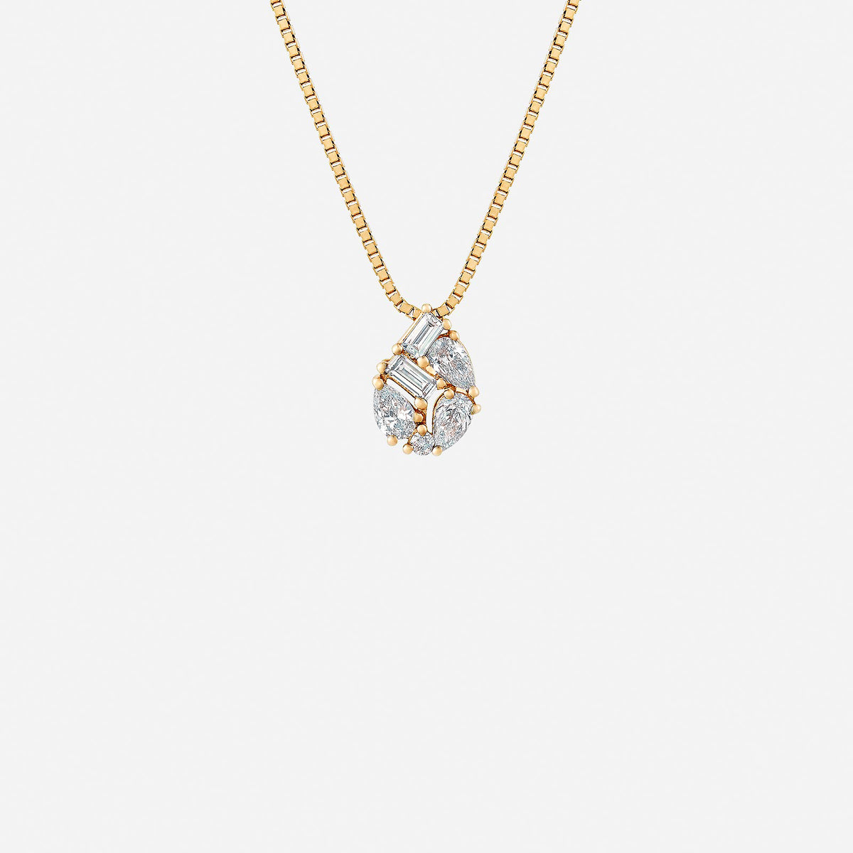 moonlit dew diamond pendant in 18k yellow gold with pear and baguette-cut diamonds in sculpted teardrop design.