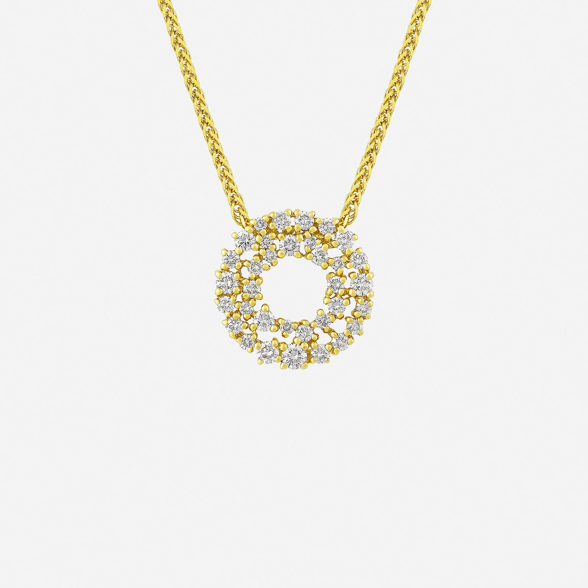blossoming halo diamond pendant in 18k yellow gold with layered diamonds and openwork circle design.