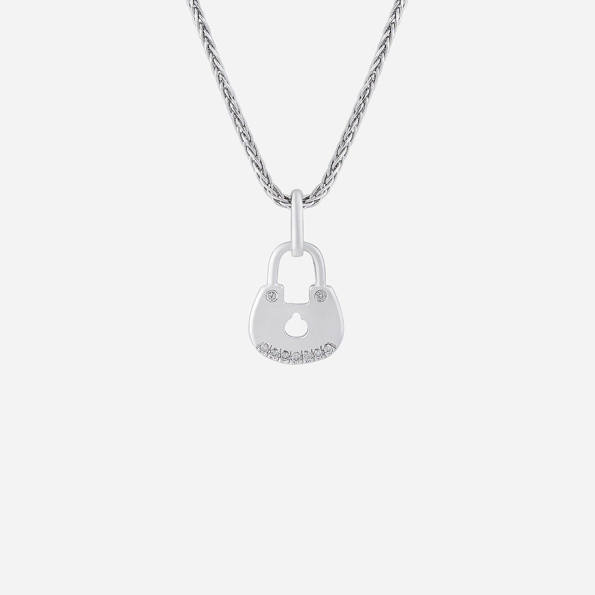 bonny diamond lock pendant in 18k white gold with diamond accents, featuring a unique lock design. chain not included.