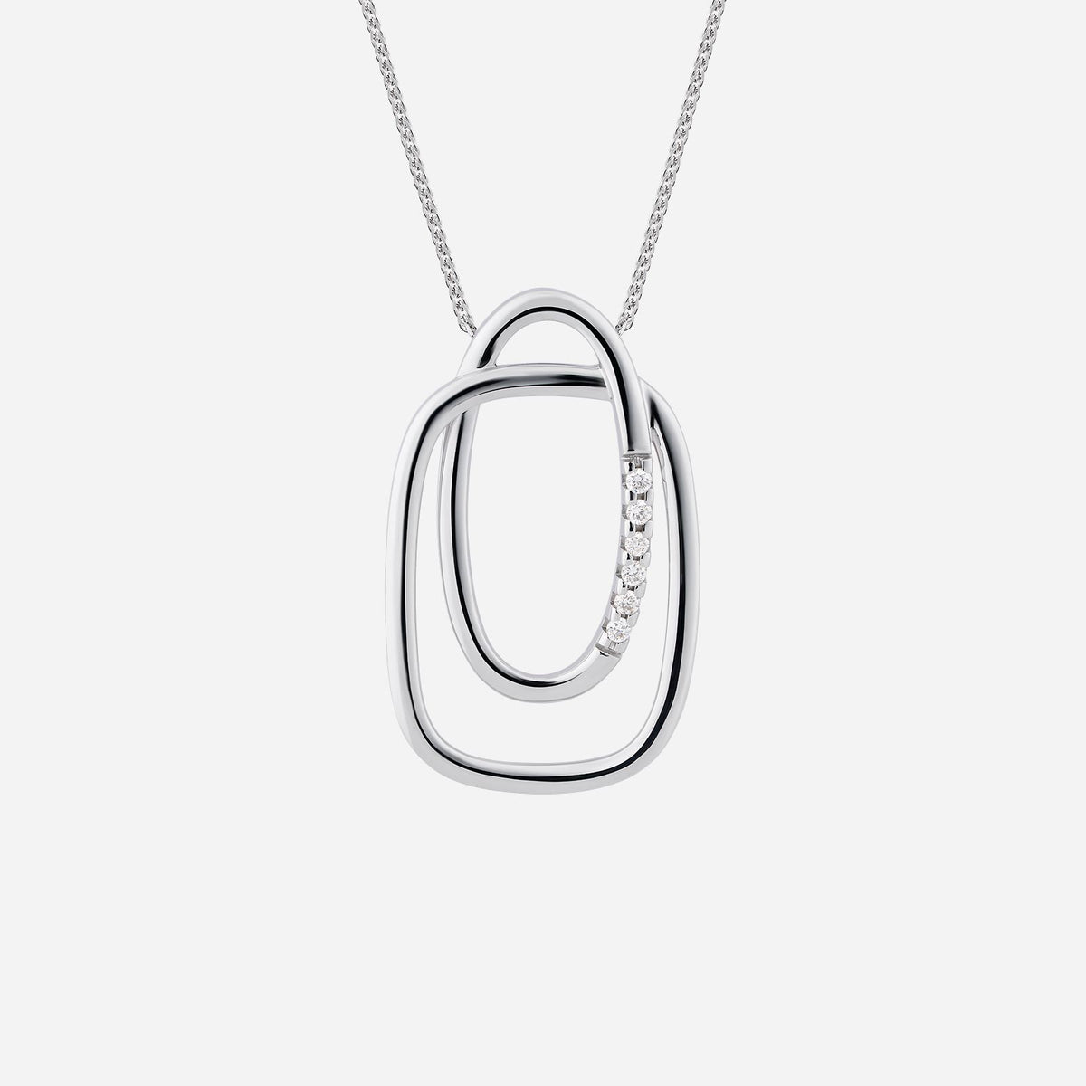diamond pendant in 18k white gold with a unique paperclip design and sparkling diamond accents.