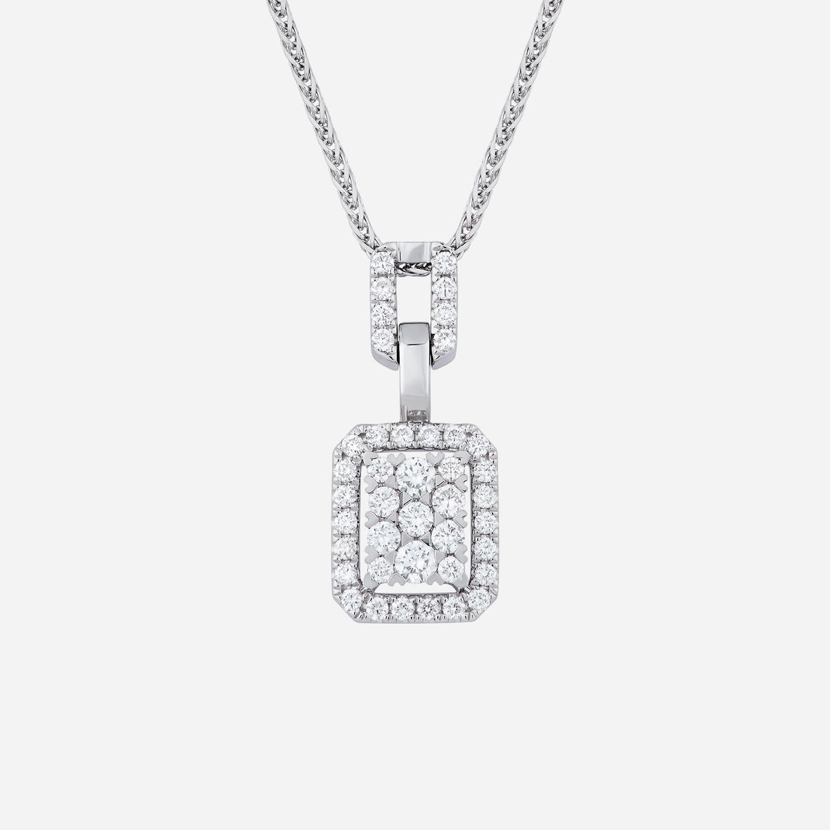 diamond pendant in 18k white gold with a rounded rectangular design featuring dazzling diamonds. chain sold separately.