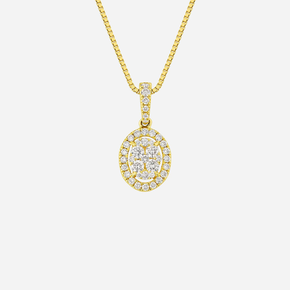 oval halo diamond pendant in 18k yellow gold, featuring a central oval diamond and delicate surrounding diamonds.